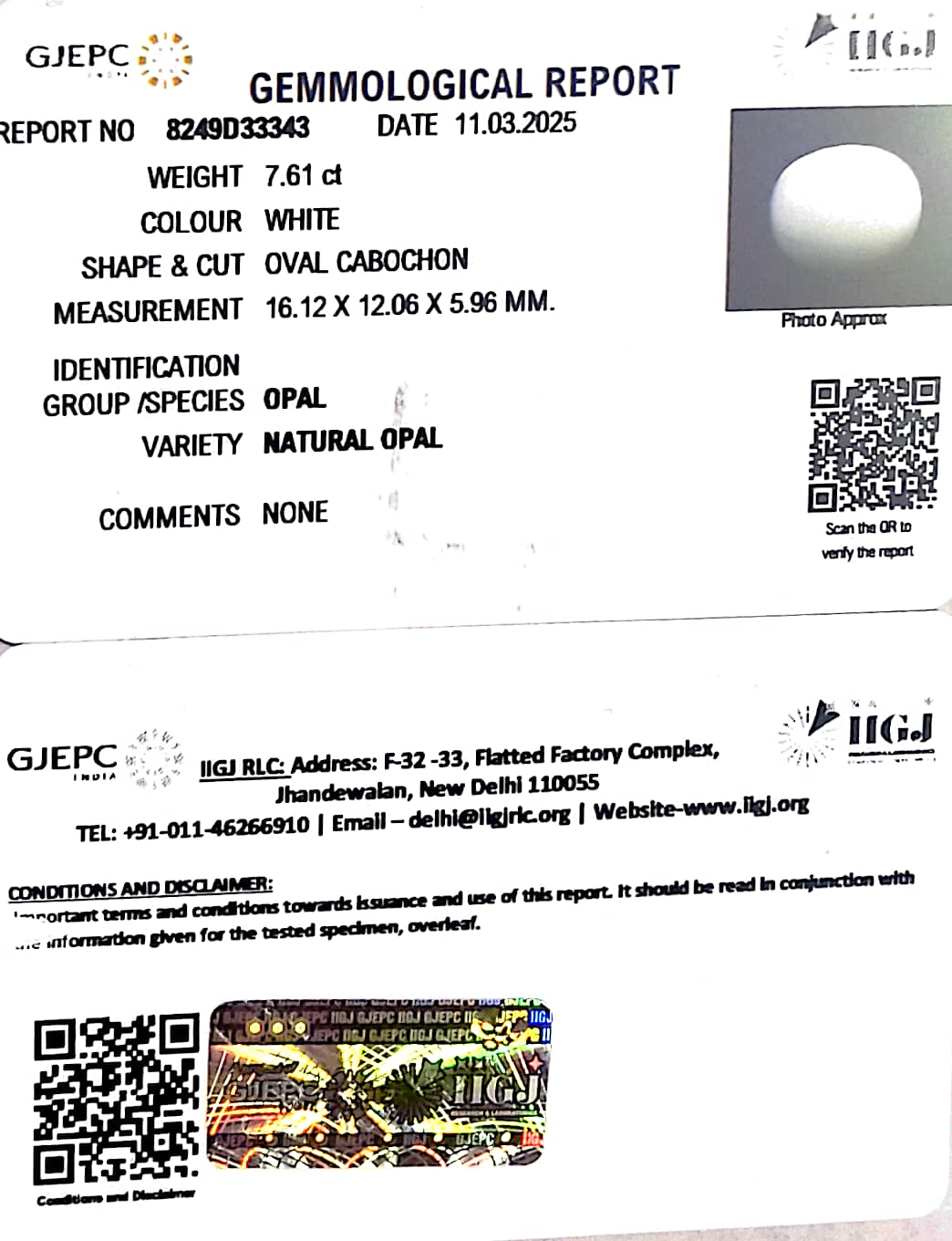 7.61/CT Natural Opal oval shape with Govt. Lab Certificate