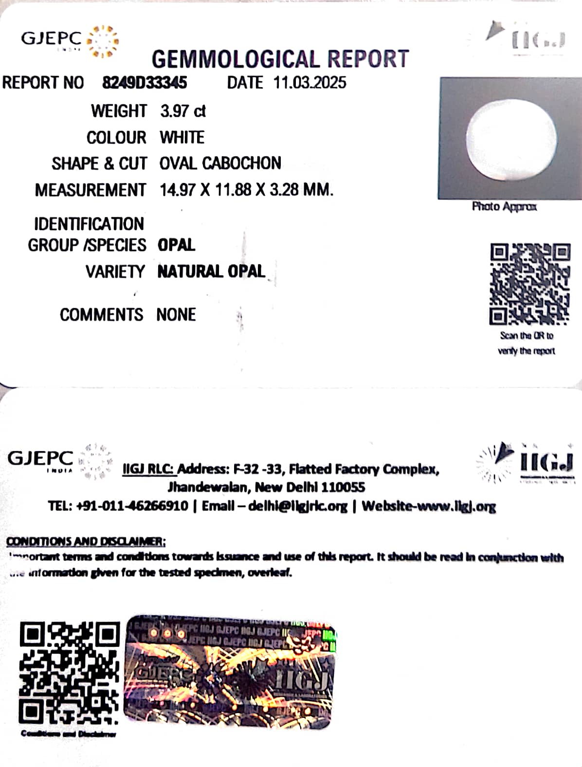 3.97/CT Natural Opal with Govt. Lab Certificate