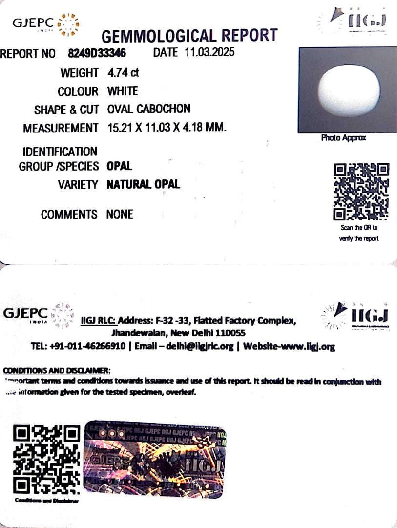 4.74/CT Natural Opal with Govt. Lab Certificate