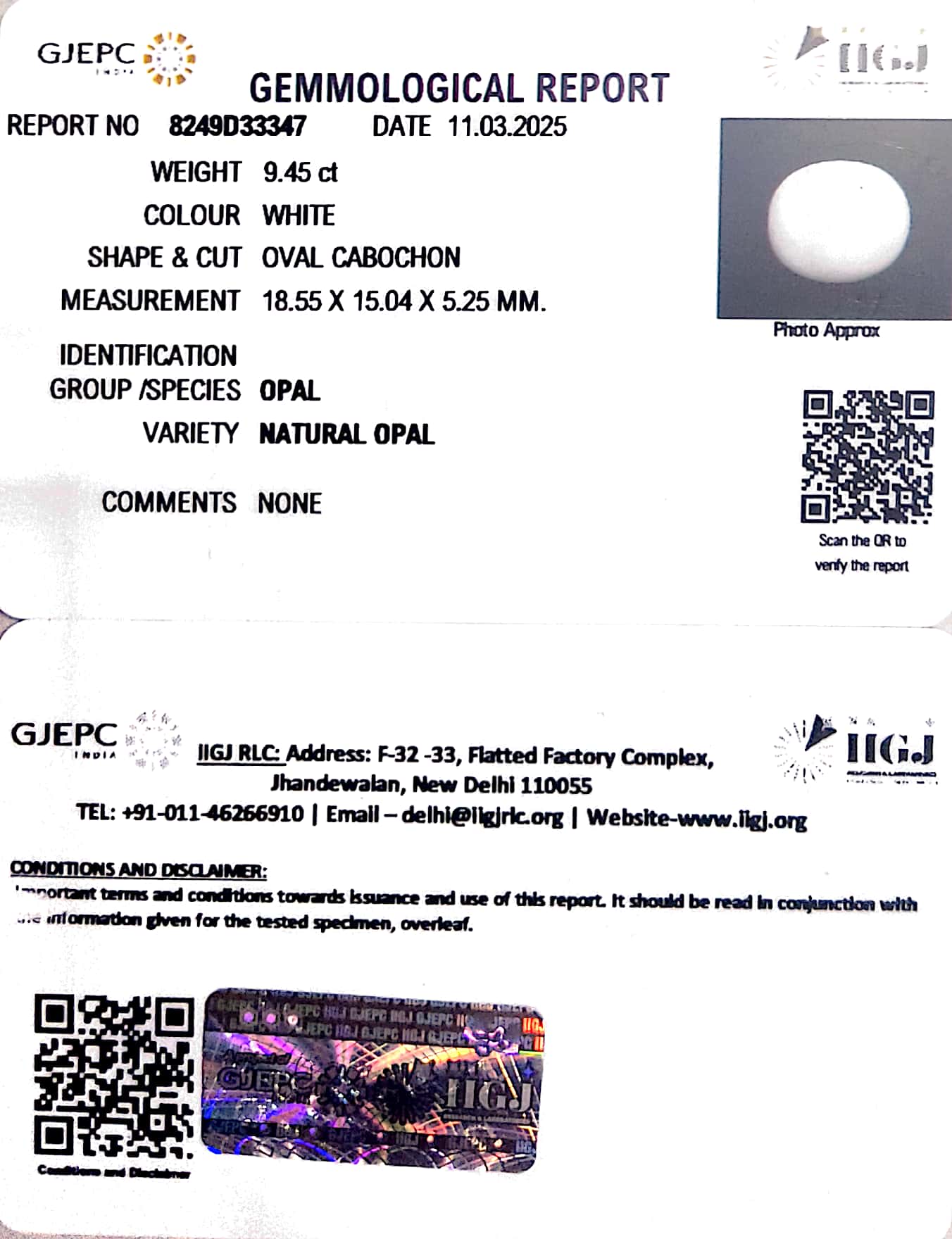 9.45/CT Natural Opal with Govt. Lab Certificate