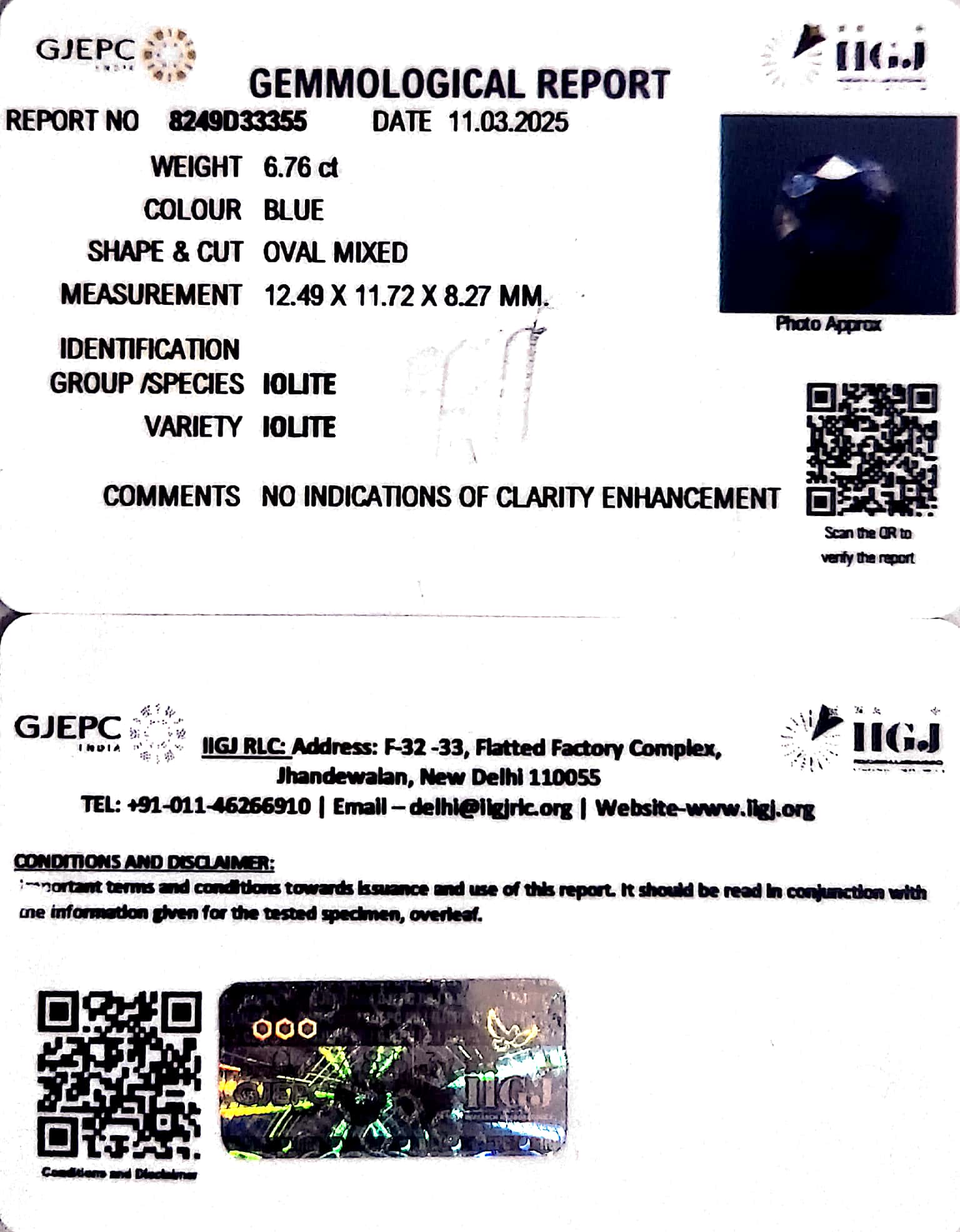 6.76/CT Natural Iolite With Govt. Lab Certificate
