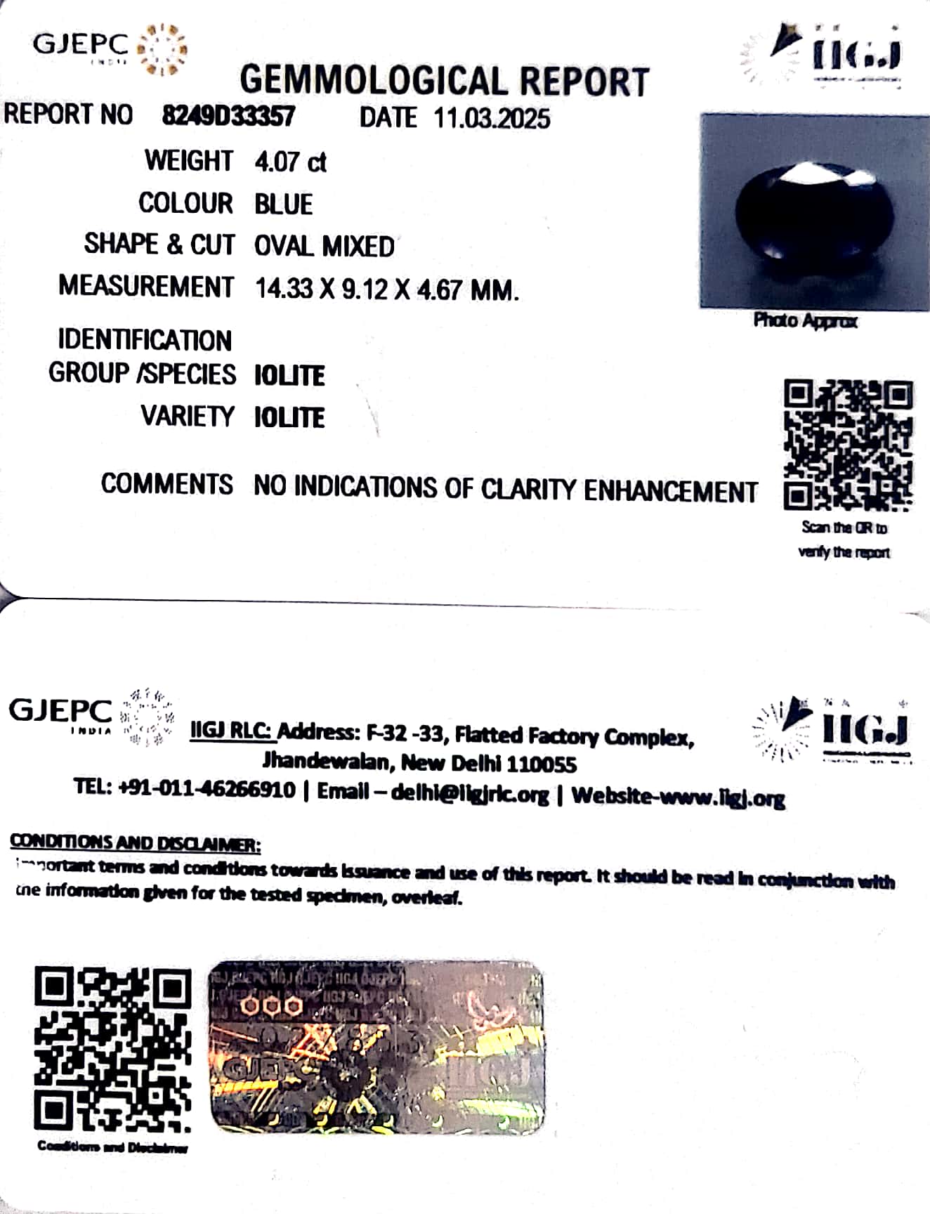 4.07/CT Natural Iolite With Govt. Lab Certificate