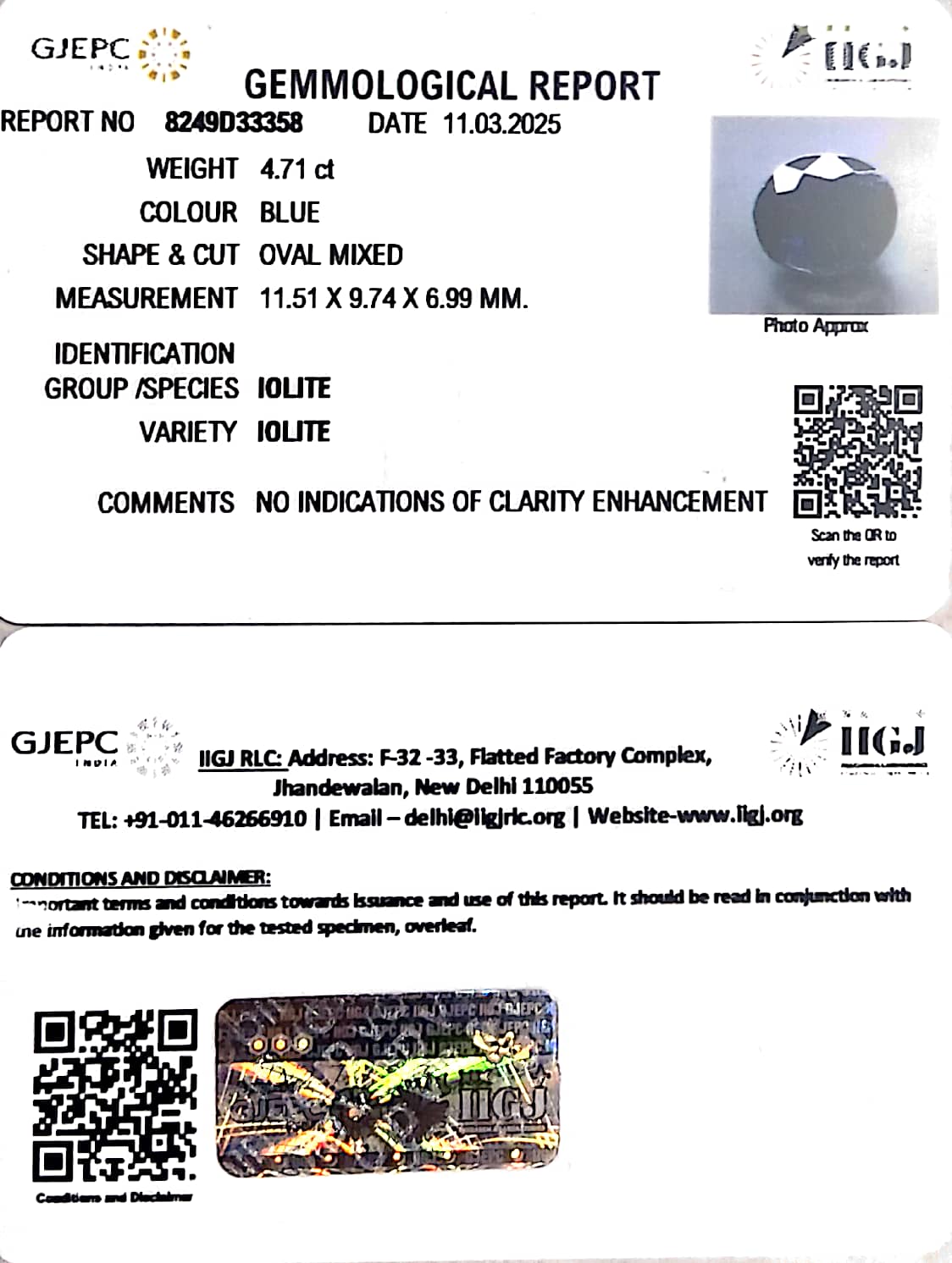 4.71/CT Natural Iolite With Govt. Lab Certificate