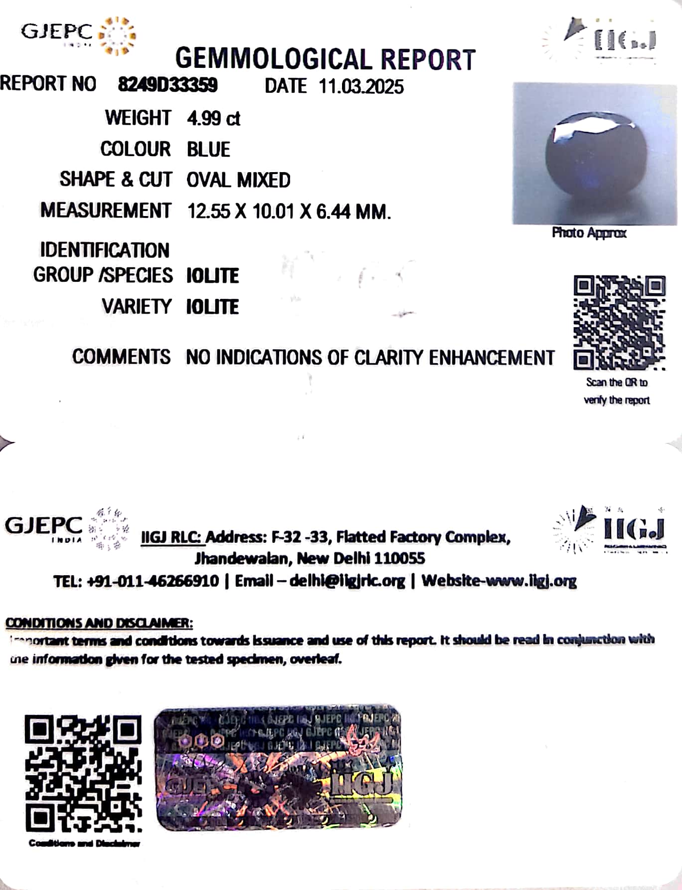 4.99/CT Natural Iolite With Govt. Lab Certificate