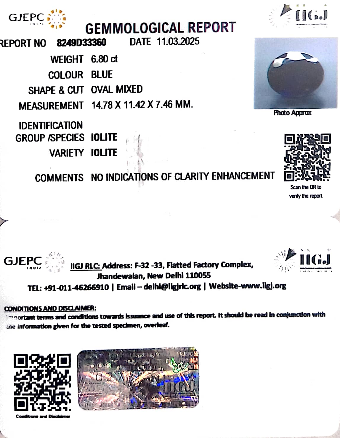 6.80/CT Natural Iolite With Govt. Lab Certificate