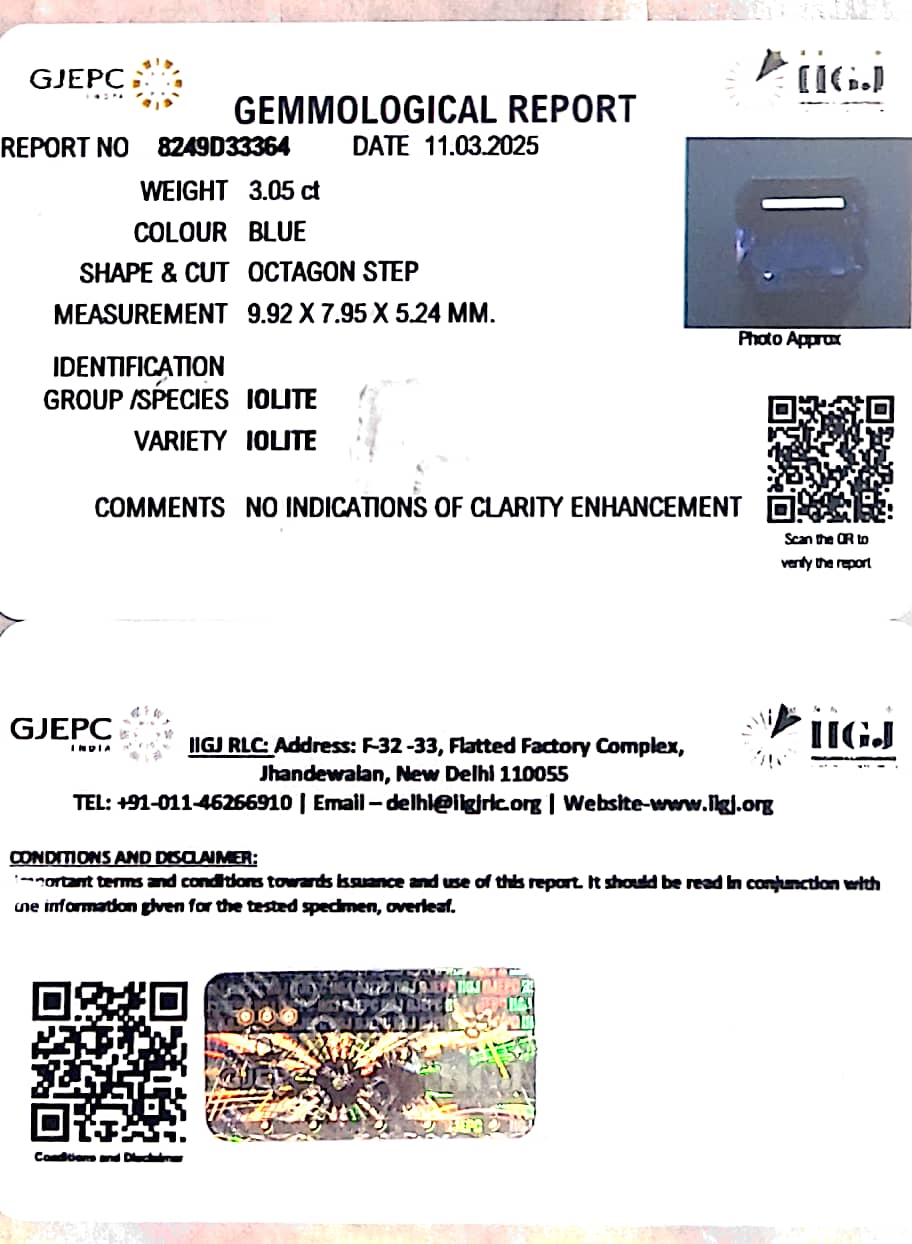 3.05/CT Natural Iolite With Govt. Lab Certificate