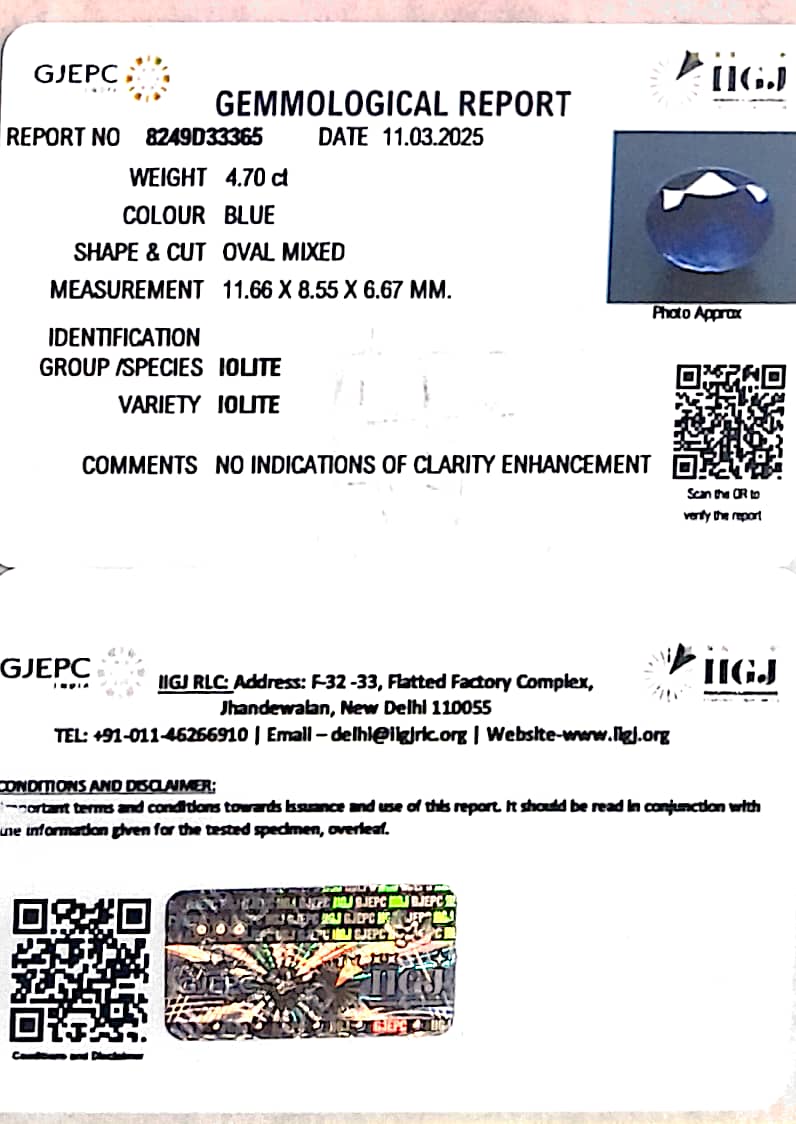 4.70/CT Natural Iolite With Govt. Lab Certificate