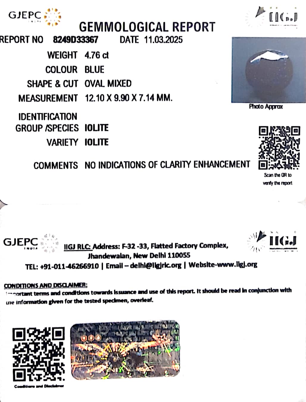4.76/CT Natural Iolite With Govt. Lab Certificate