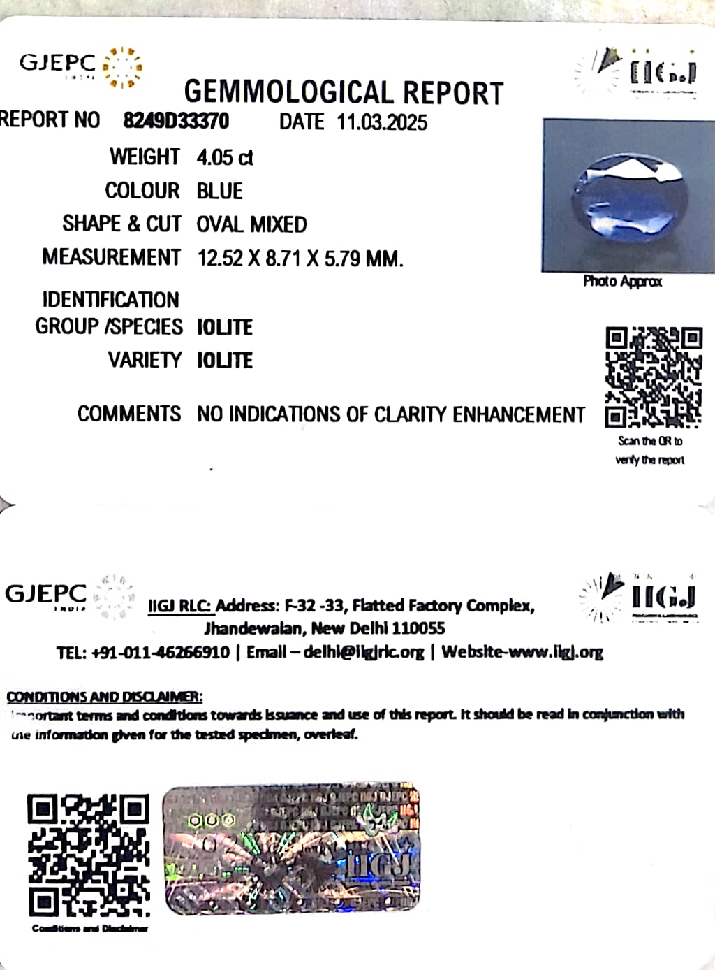 4.05/CT Natural Iolite With Govt. Lab Certificate