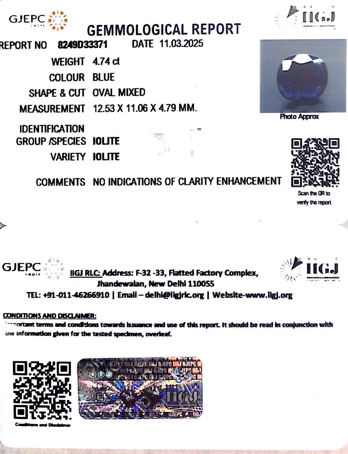4.74/CT Natural Iolite With Govt. Lab Certificate