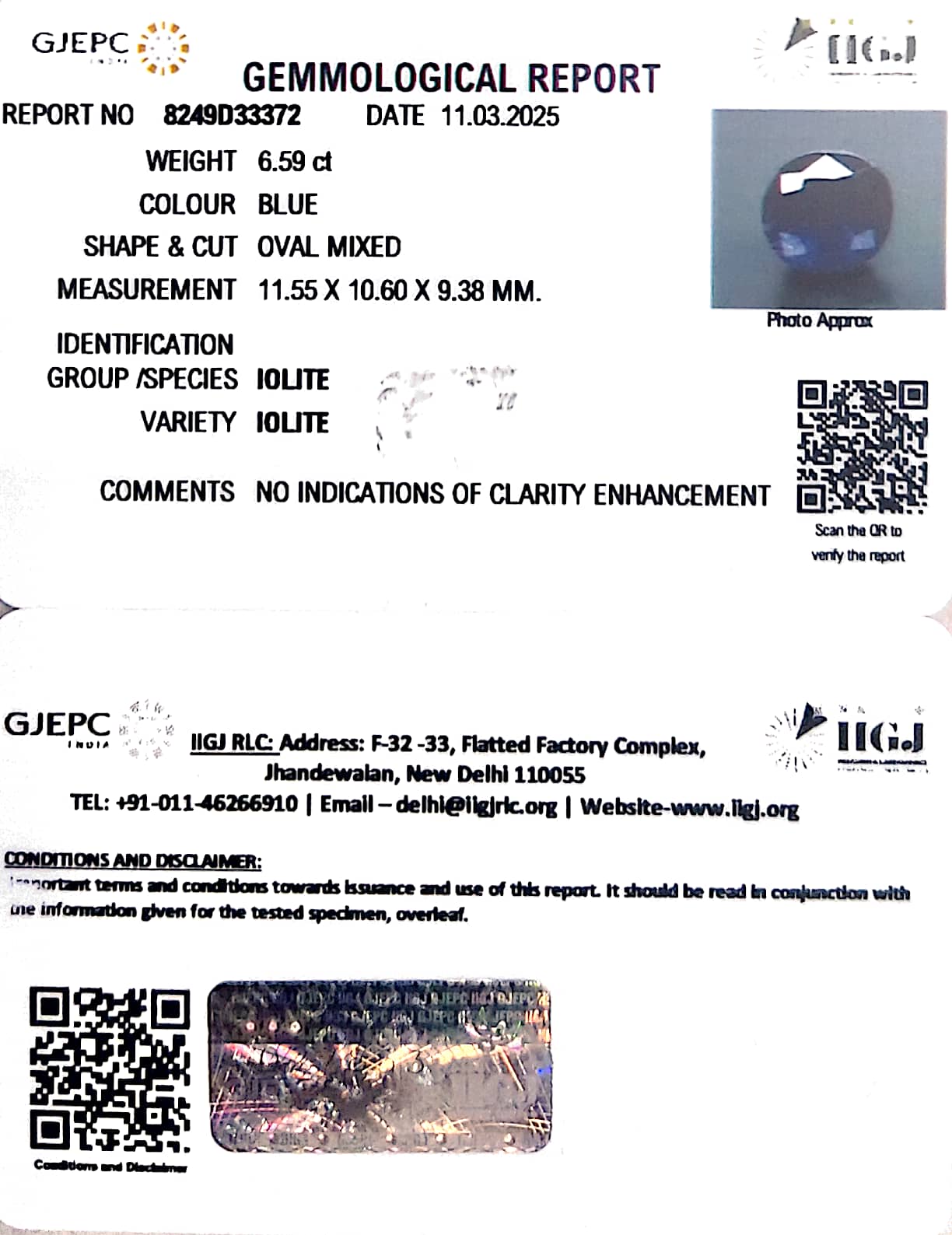 7.31/CT Natural Iolite With Govt. Lab Certificate