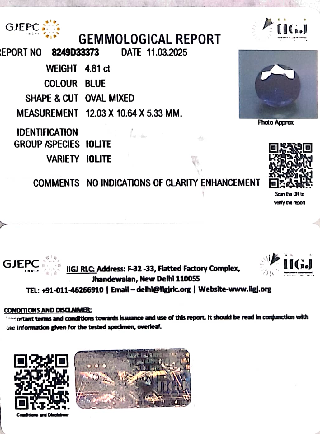 4.81/CT Natural Iolite With Govt. Lab Certificate
