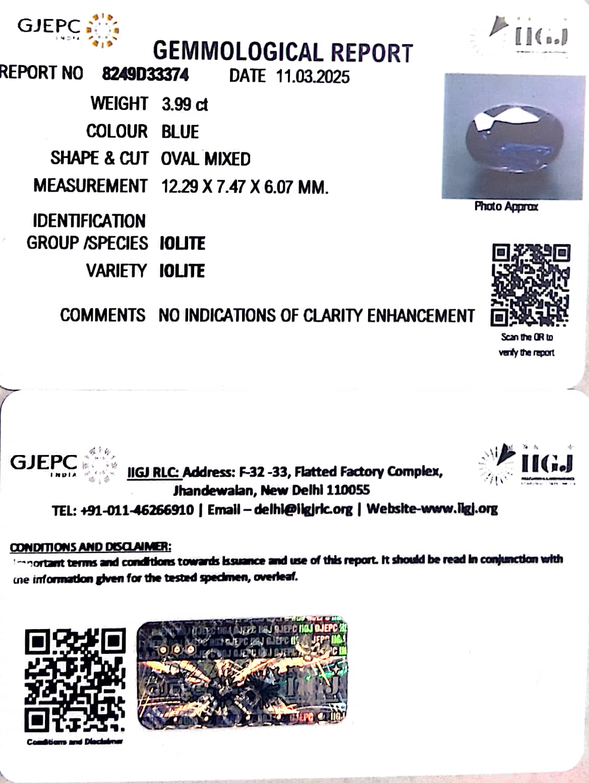 3.99/CT Natural Iolite With Govt. Lab Certificate