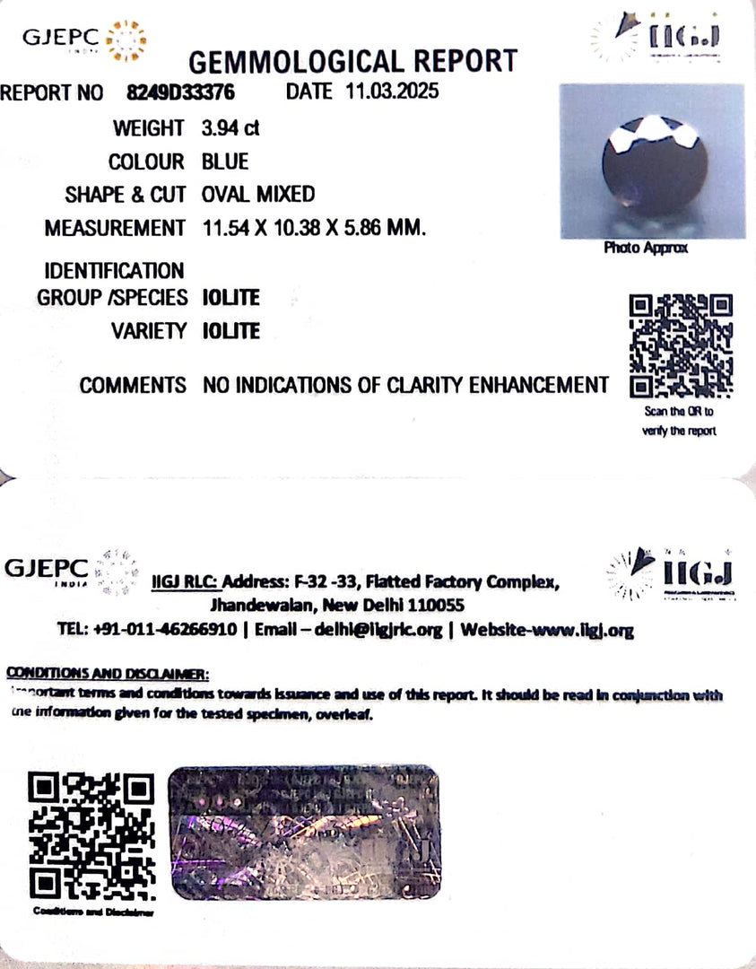 3.94/CT Natural Iolite With Govt. Lab Certificate