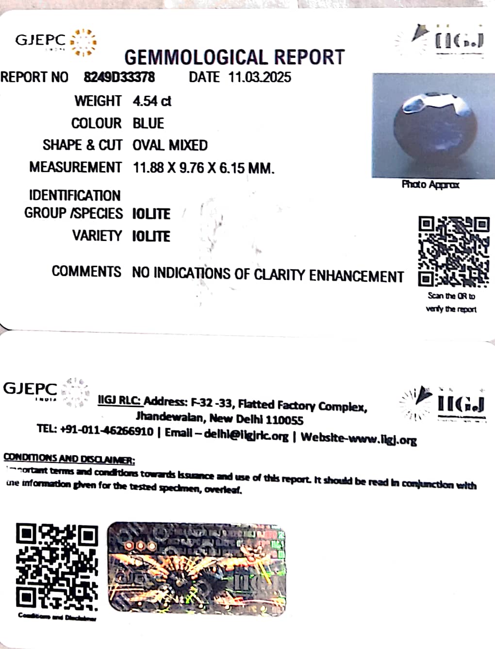4.54/CT Natural Iolite With Govt. Lab Certificate