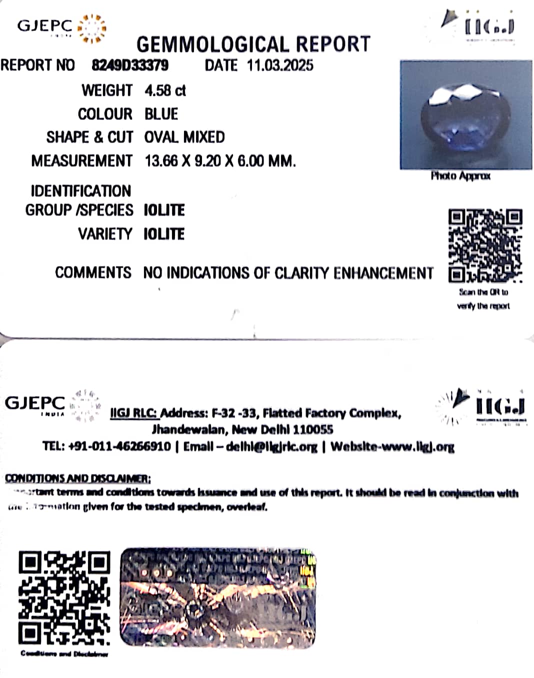4.58/CT Natural Iolite With Govt. Lab Certificate