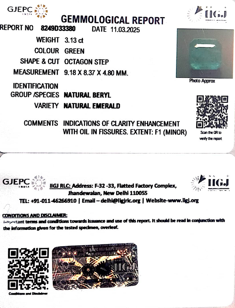 3.13/CT Natural Panna Stone with Govt. Lab Certificate (34410)