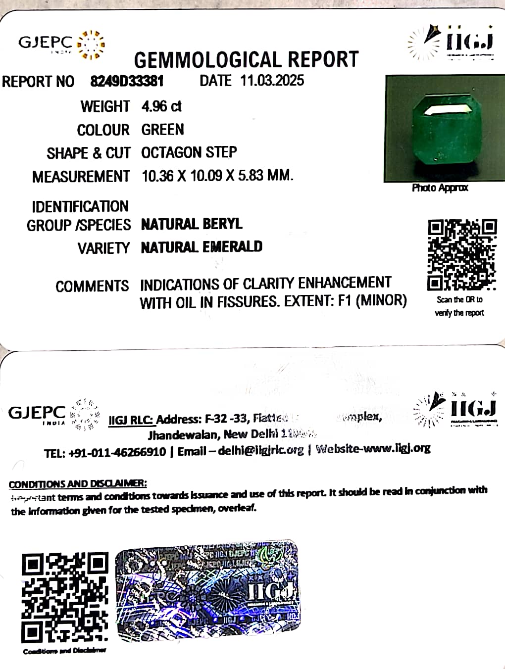 4.96/CT Natural Panna Stone with Govt. Lab Certificate (23310)