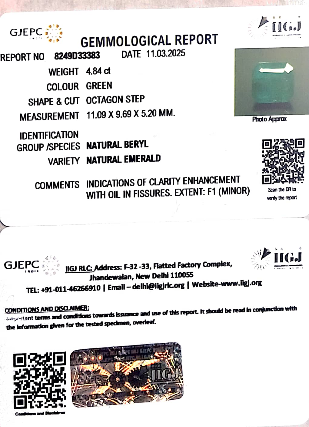 4.84/CT Natural Panna Stone with Govt. Lab Certificate (8249D33383)