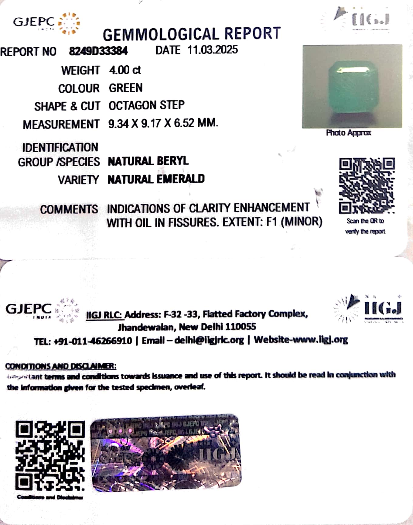 4.00/CT Natural Panna Stone with Govt. Lab Certificate (8249D33384)