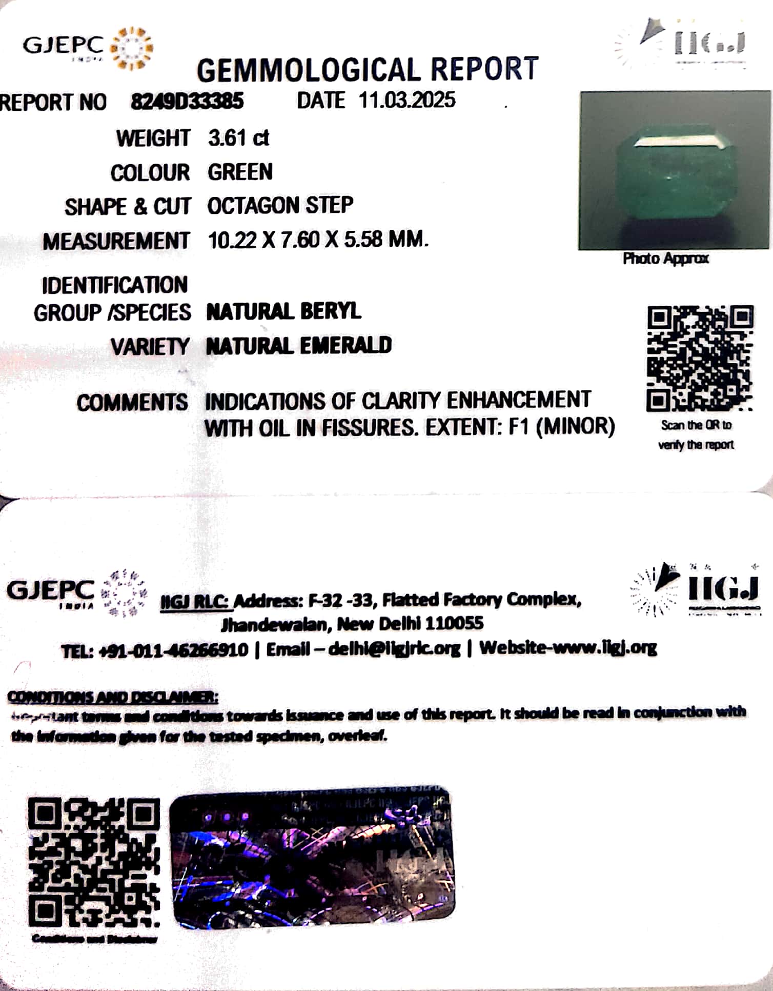 3.61/CT Natural Panna Stone with Govt. Lab Certificate (45510)