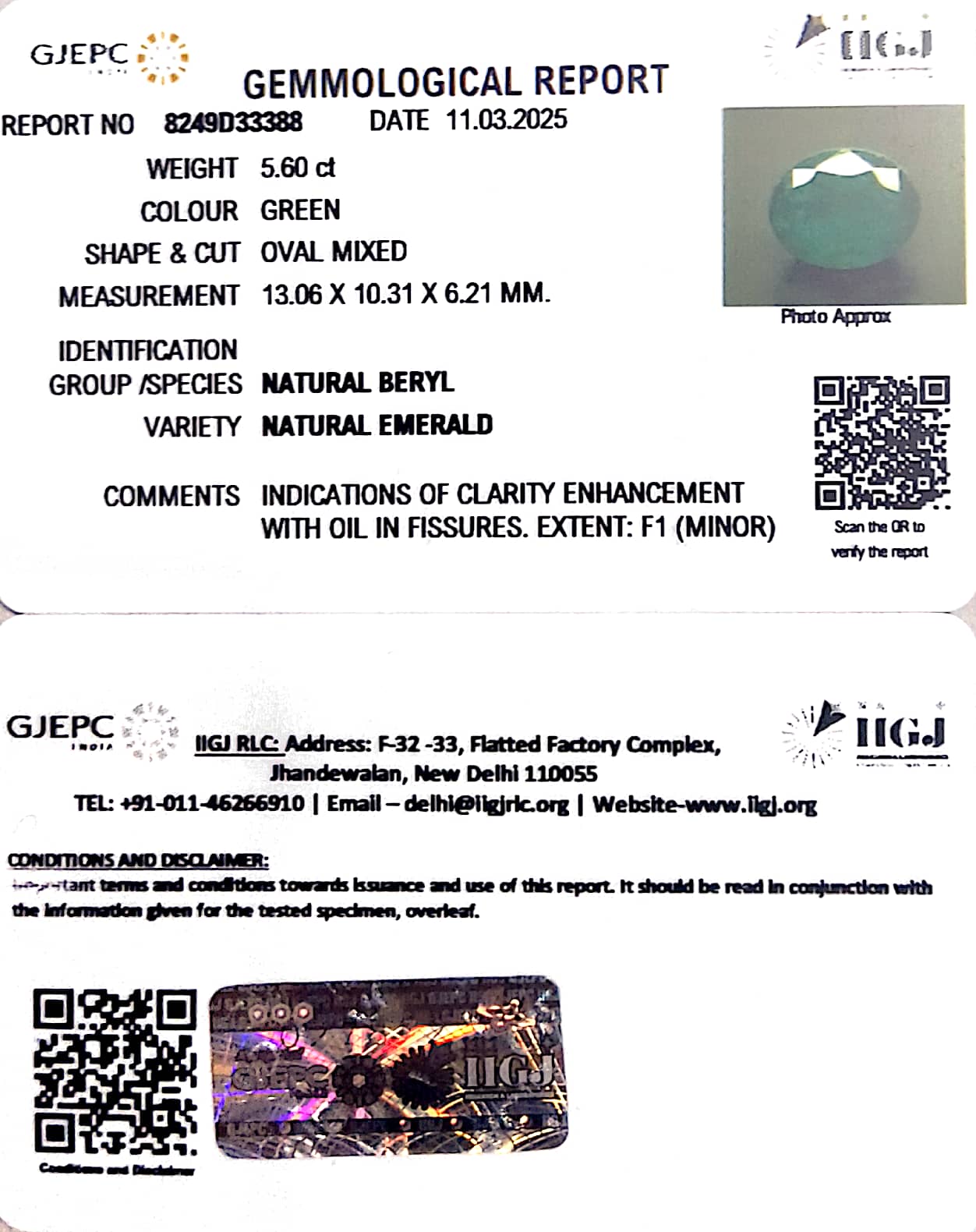 5.60/CT Natural Panna Stone with Govt. Lab Certificate