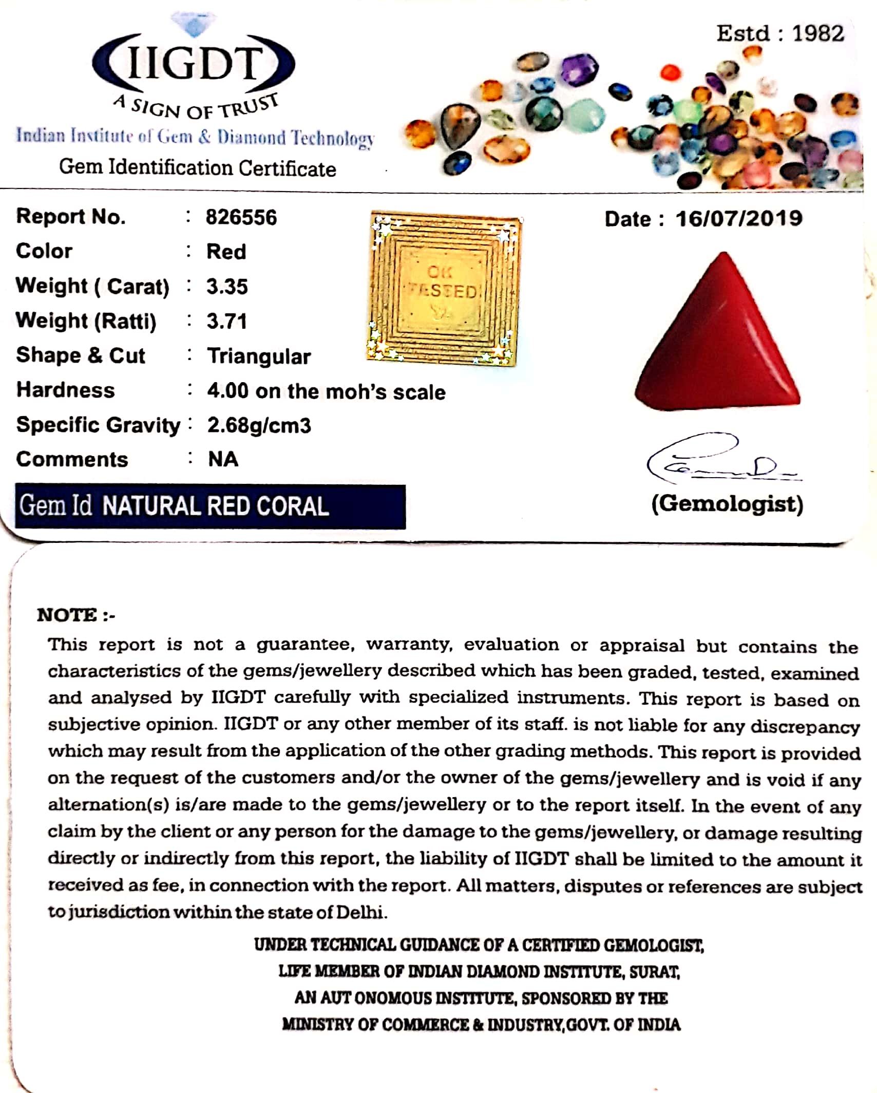3.72 Ratti Italian Triangular Red Coral Stone