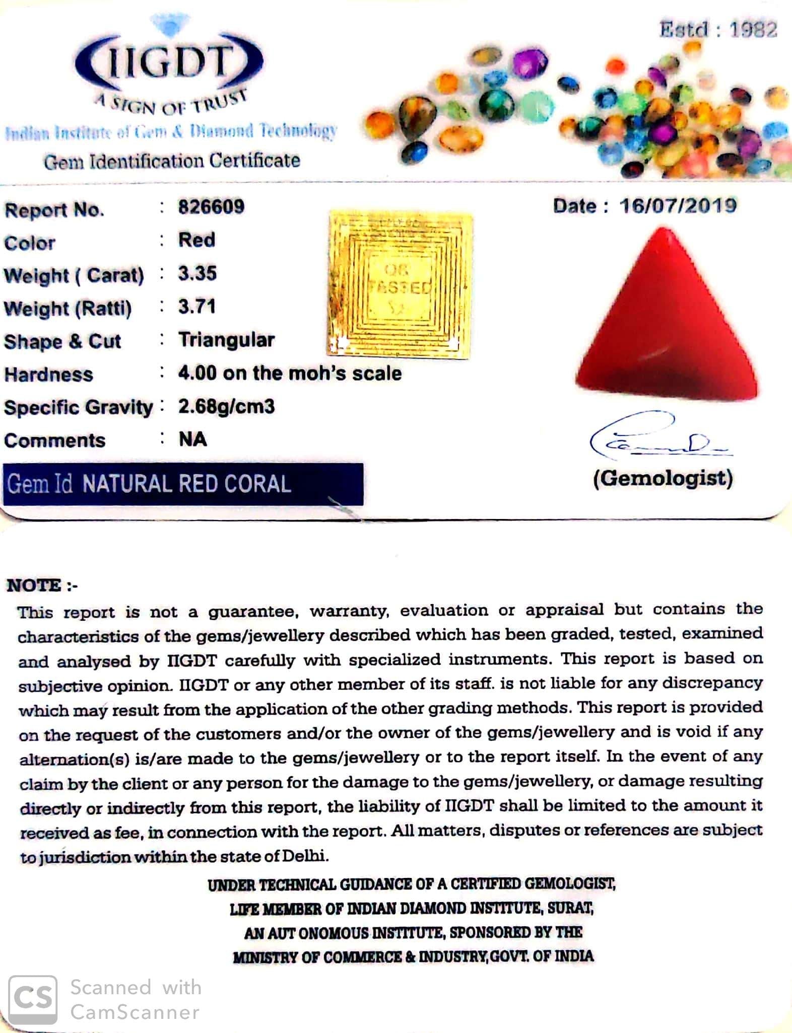 3.72 Ratti Italian Triangular Red Coral Gemstone