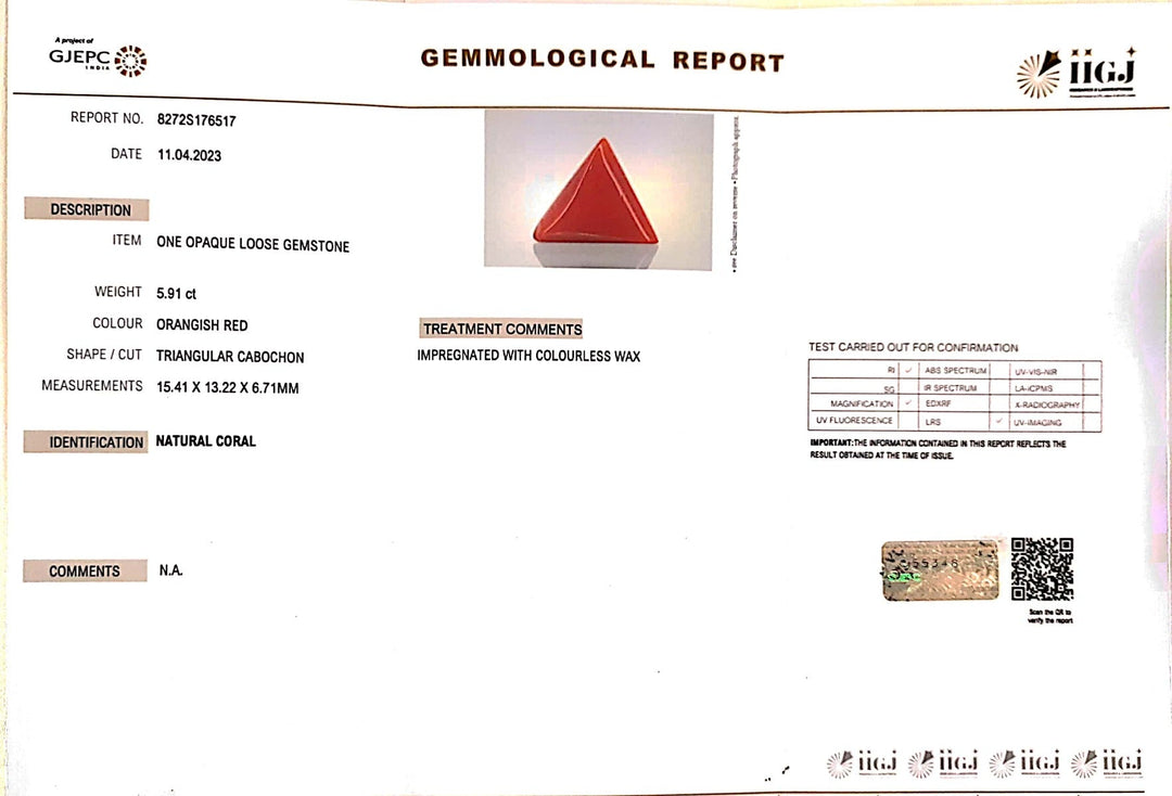 5.91/Carat Natural Triangular Red Coral (1800)