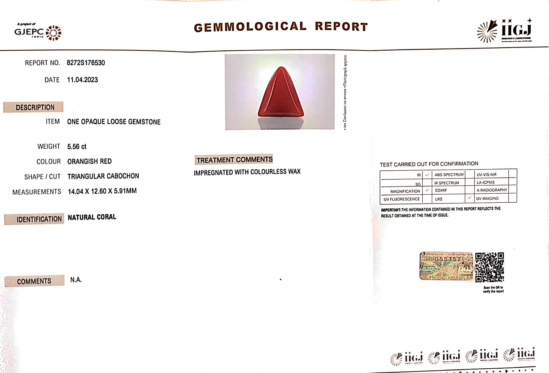 5.55/CT Natural Triangular Red Coral (1800)