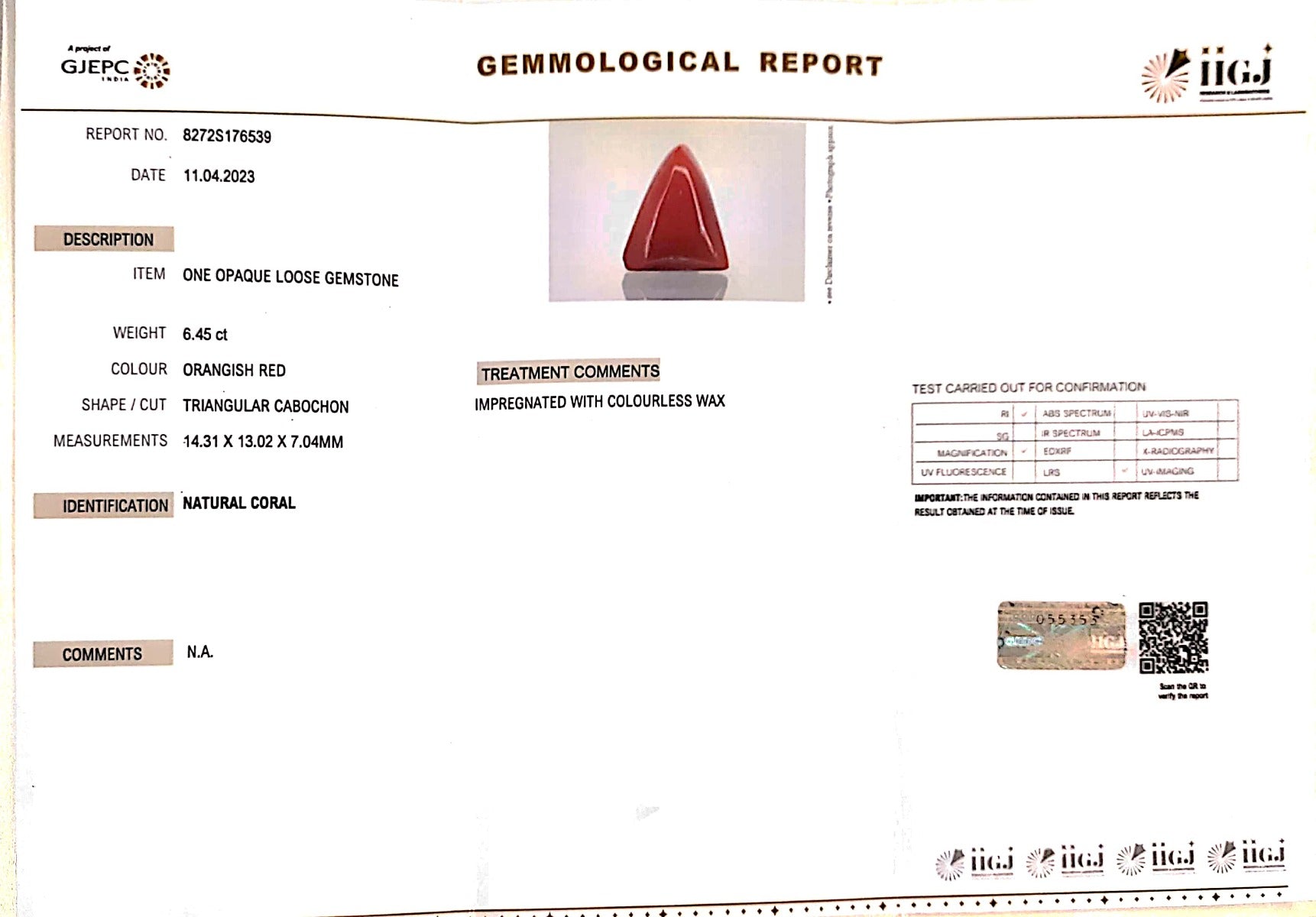 6.44/CT Natural Triangular Red Coral (1800)
