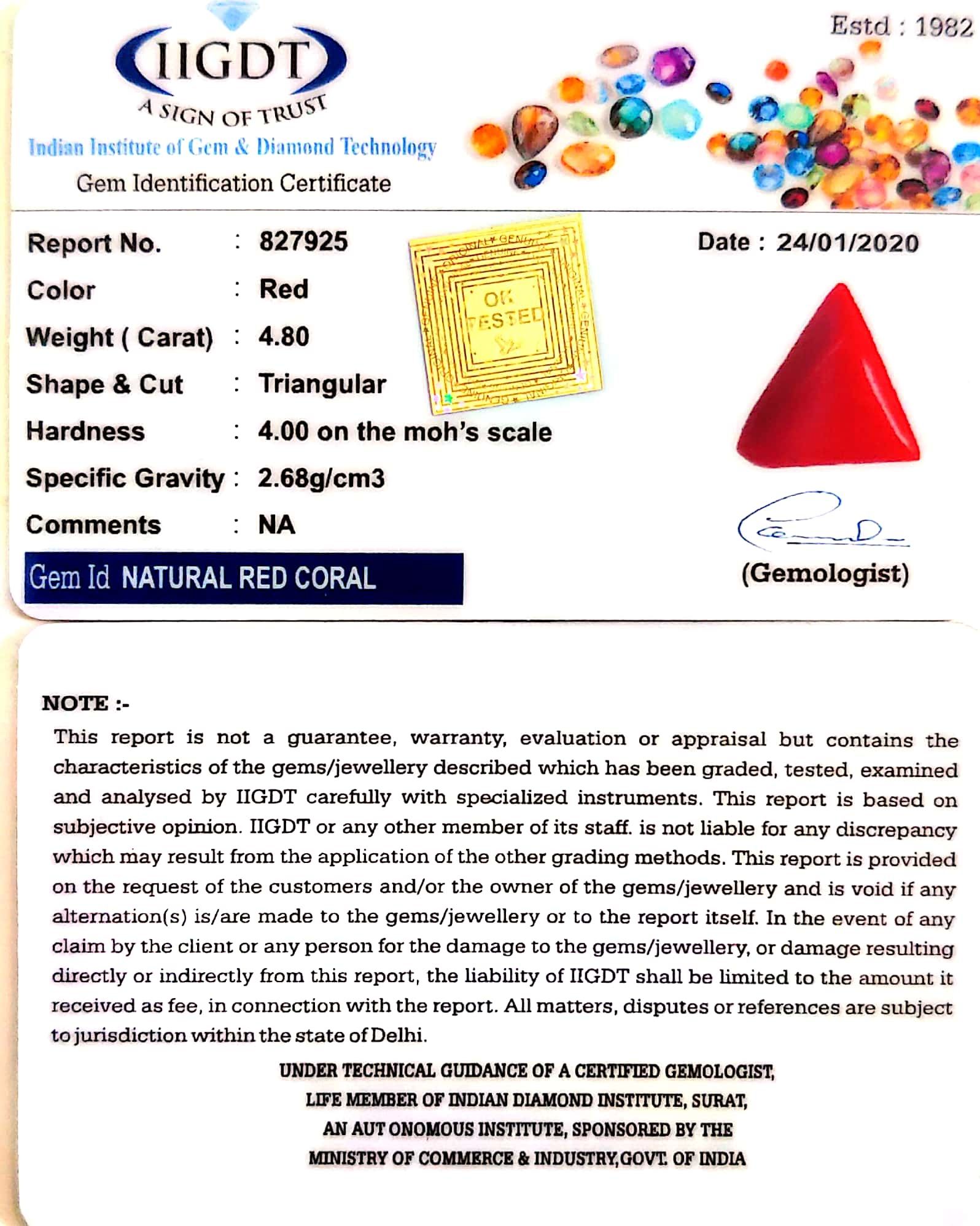 4.80 Carat Natural Italian Triangular Red Coral-(1054)