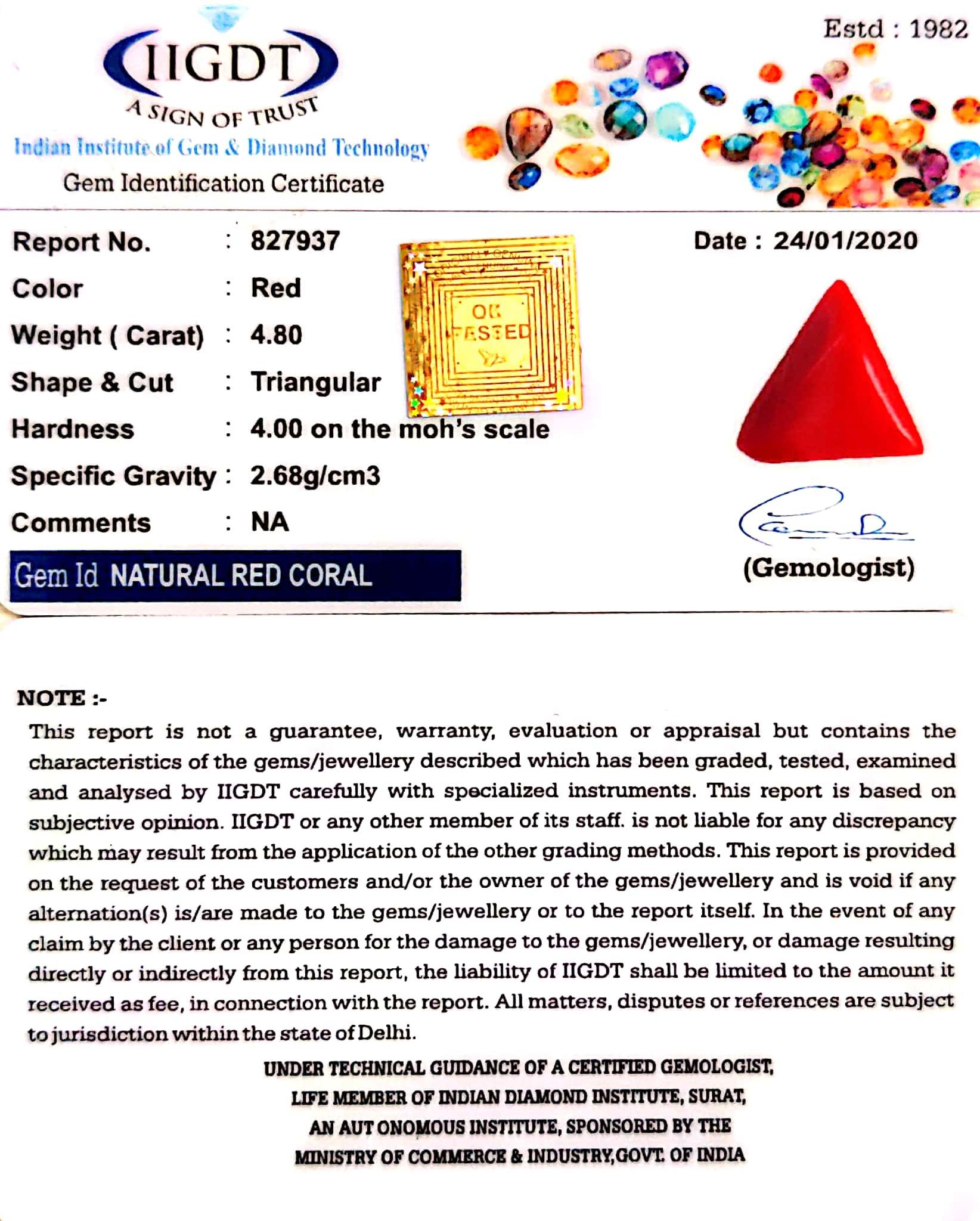 5.33 Ratti Natural Italian Triangular Shaped Red Moonga-(1054)