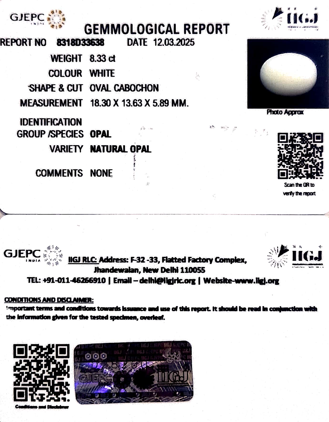 8.33/CT Natural Opal with Govt. Lab Certificate
