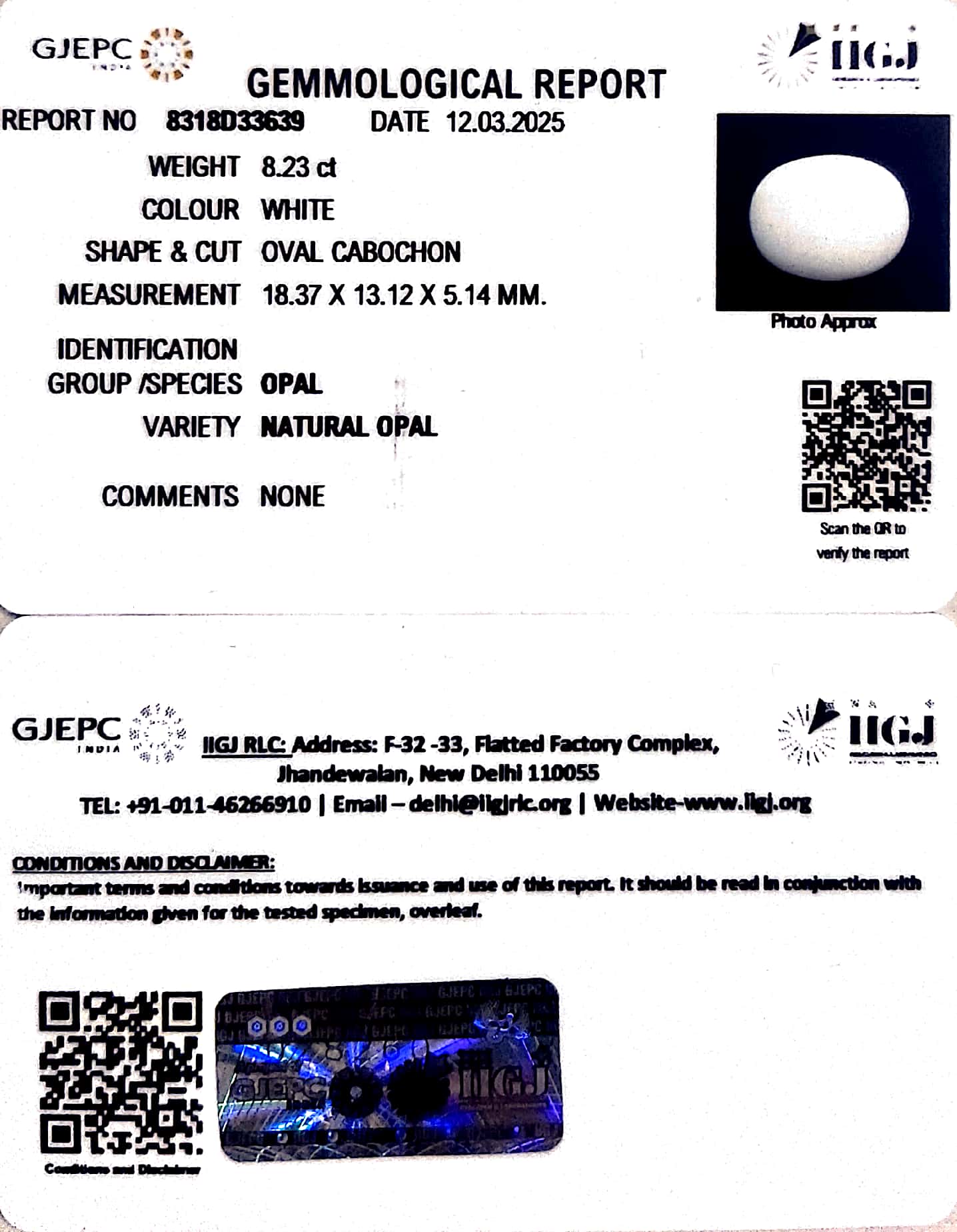 8.23/CT Natural Opal with Govt. Lab Certificate