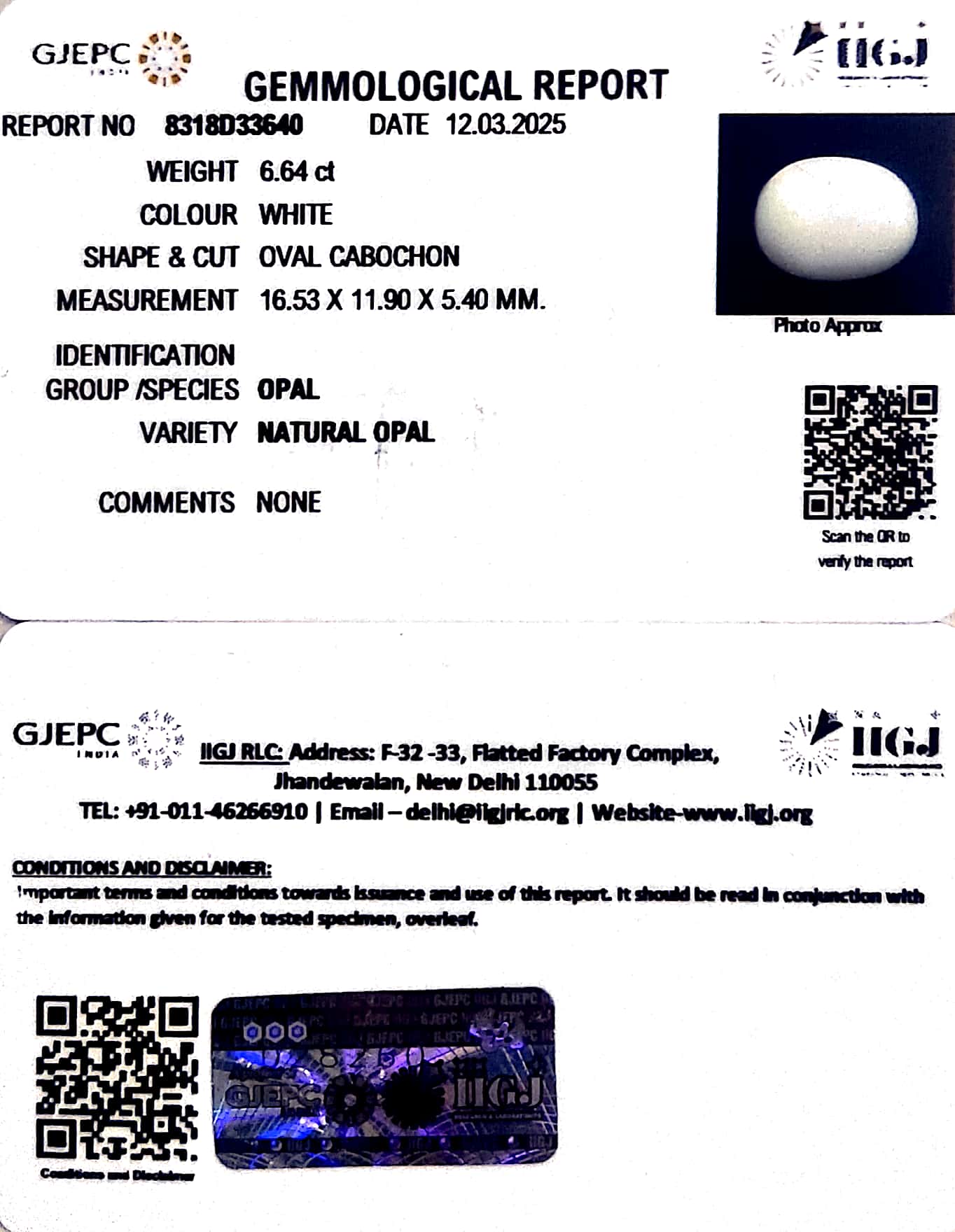 6.64/CT Natural Opal with Govt. Lab Certificate