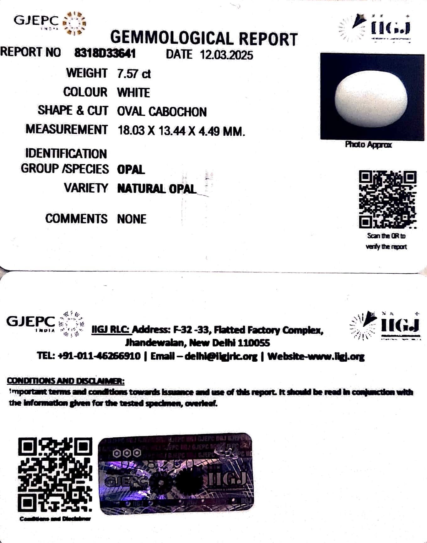 7.57/CT Natural Opal with Govt. Lab Certificate