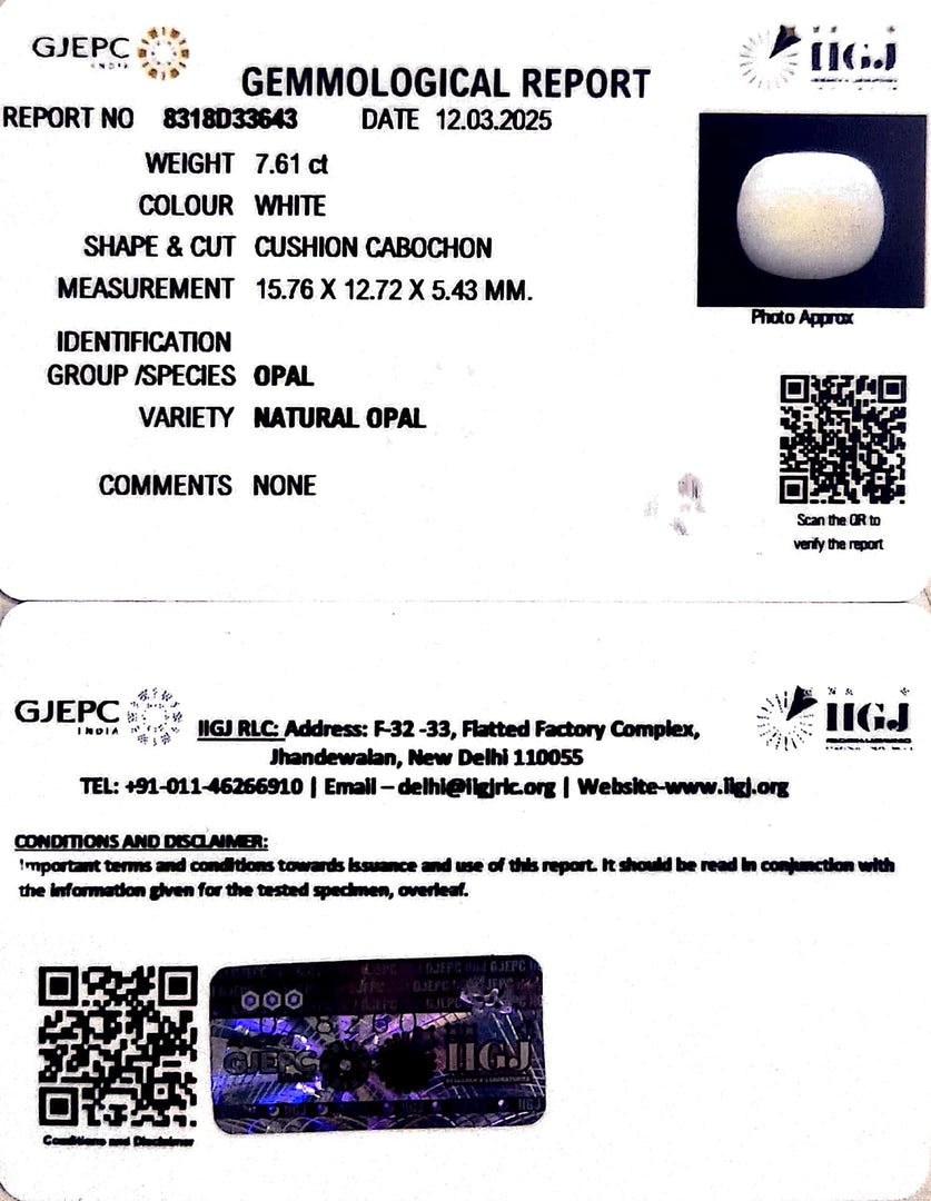 7.61/CT Natural Opal with Govt. Lab Certificate