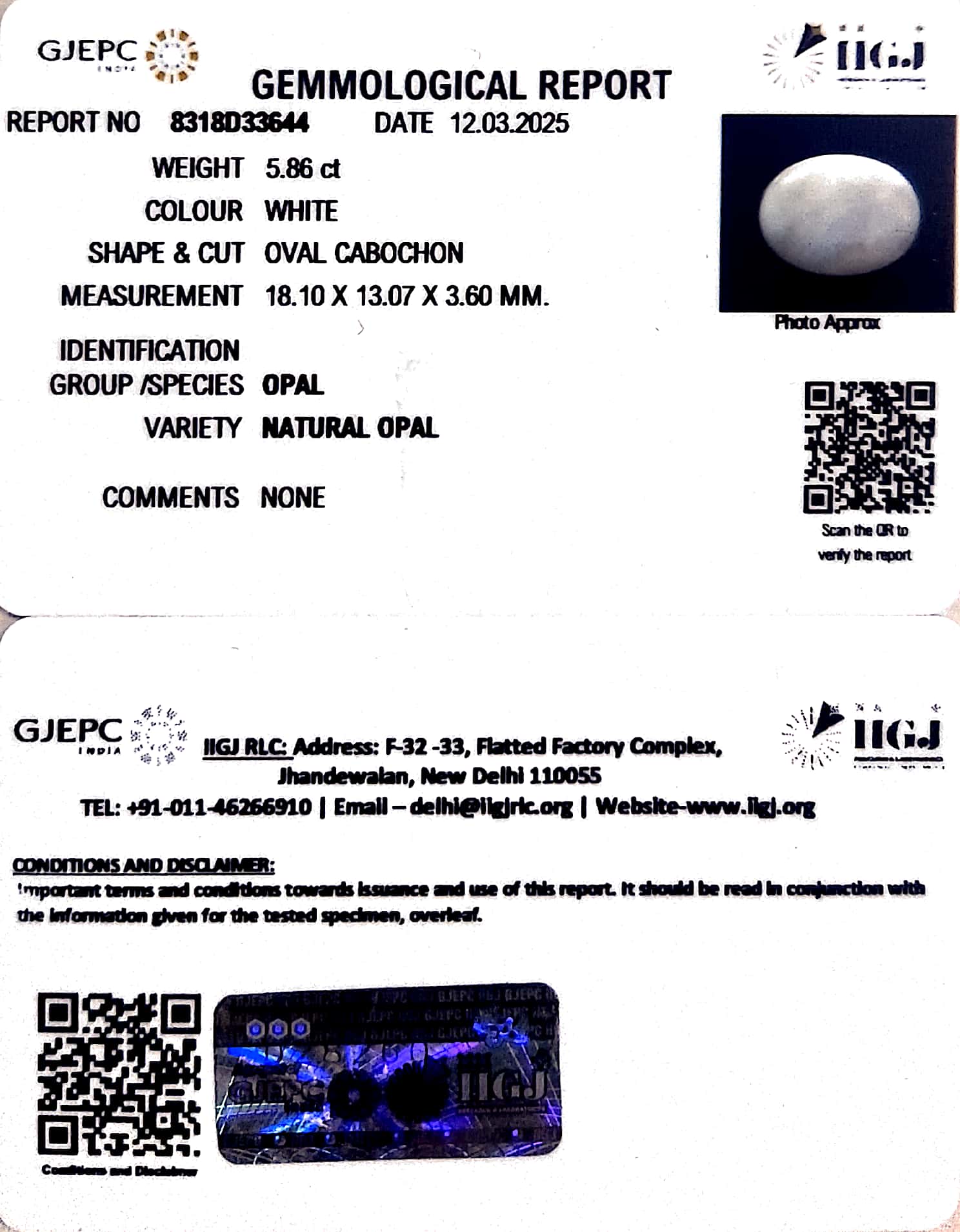 5.86/CT Natural Opal with Govt. Lab Certificate