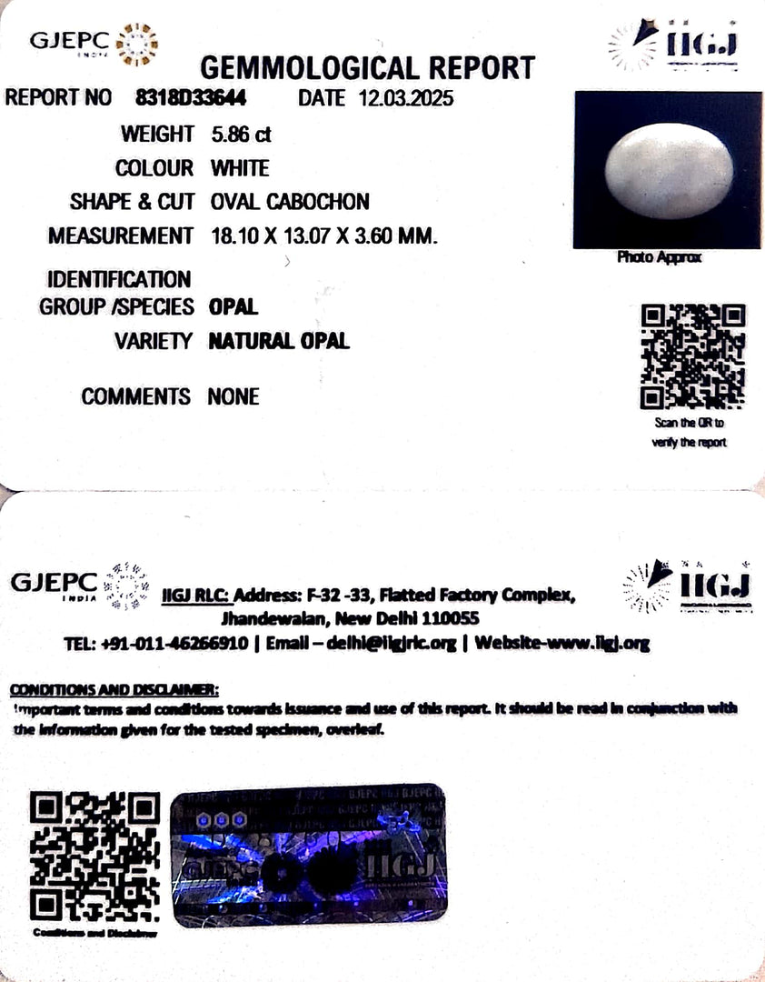 5.86/CT Natural Opal with Govt. Lab Certificate
