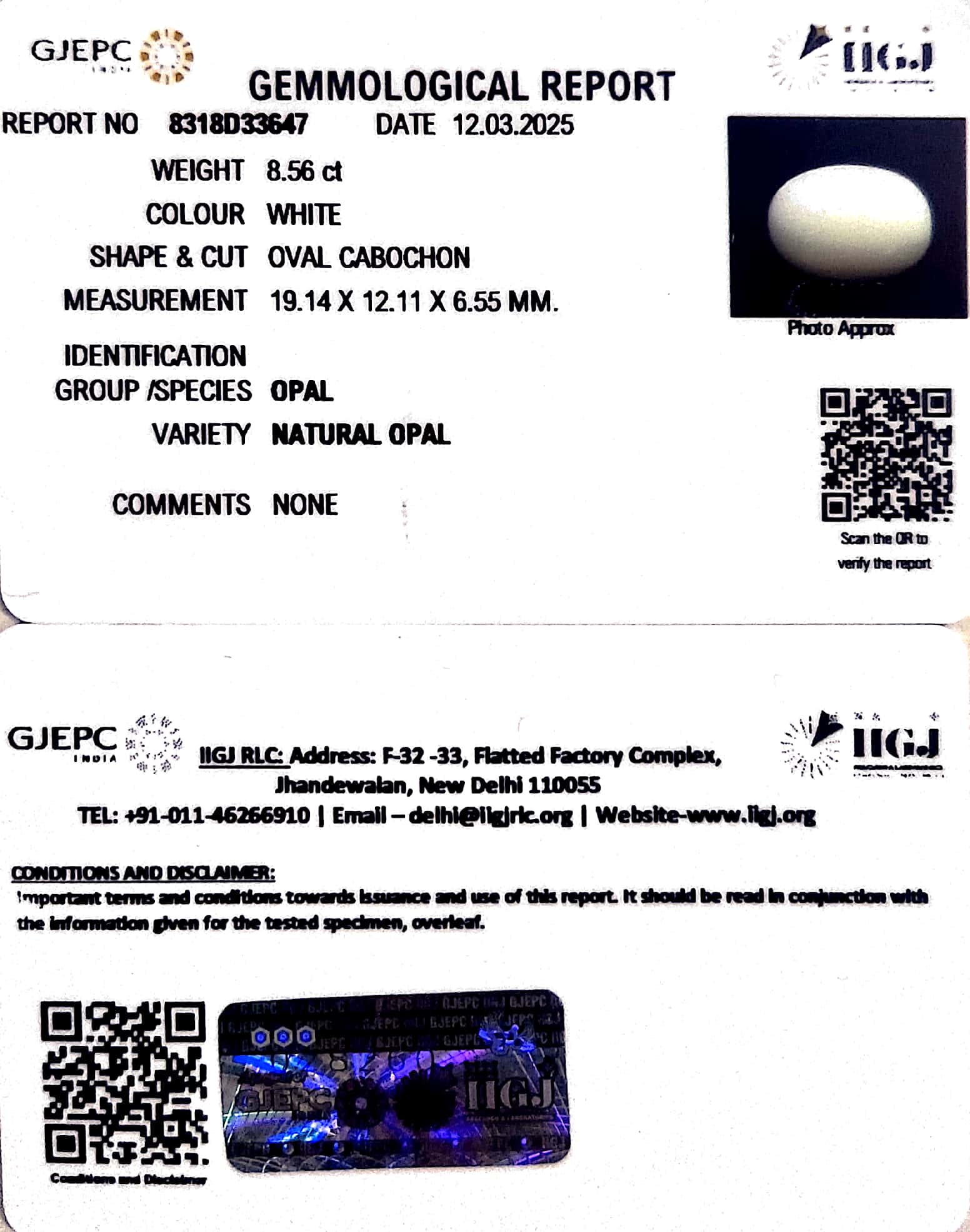 8.56/CT Natural Opal with Govt. Lab Certificate