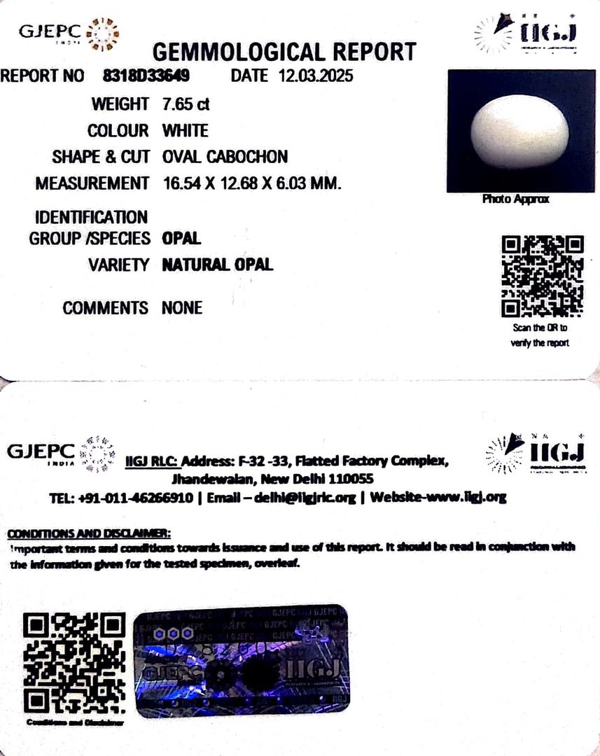 7.65/CT Natural Opal with Govt. Lab Certificate