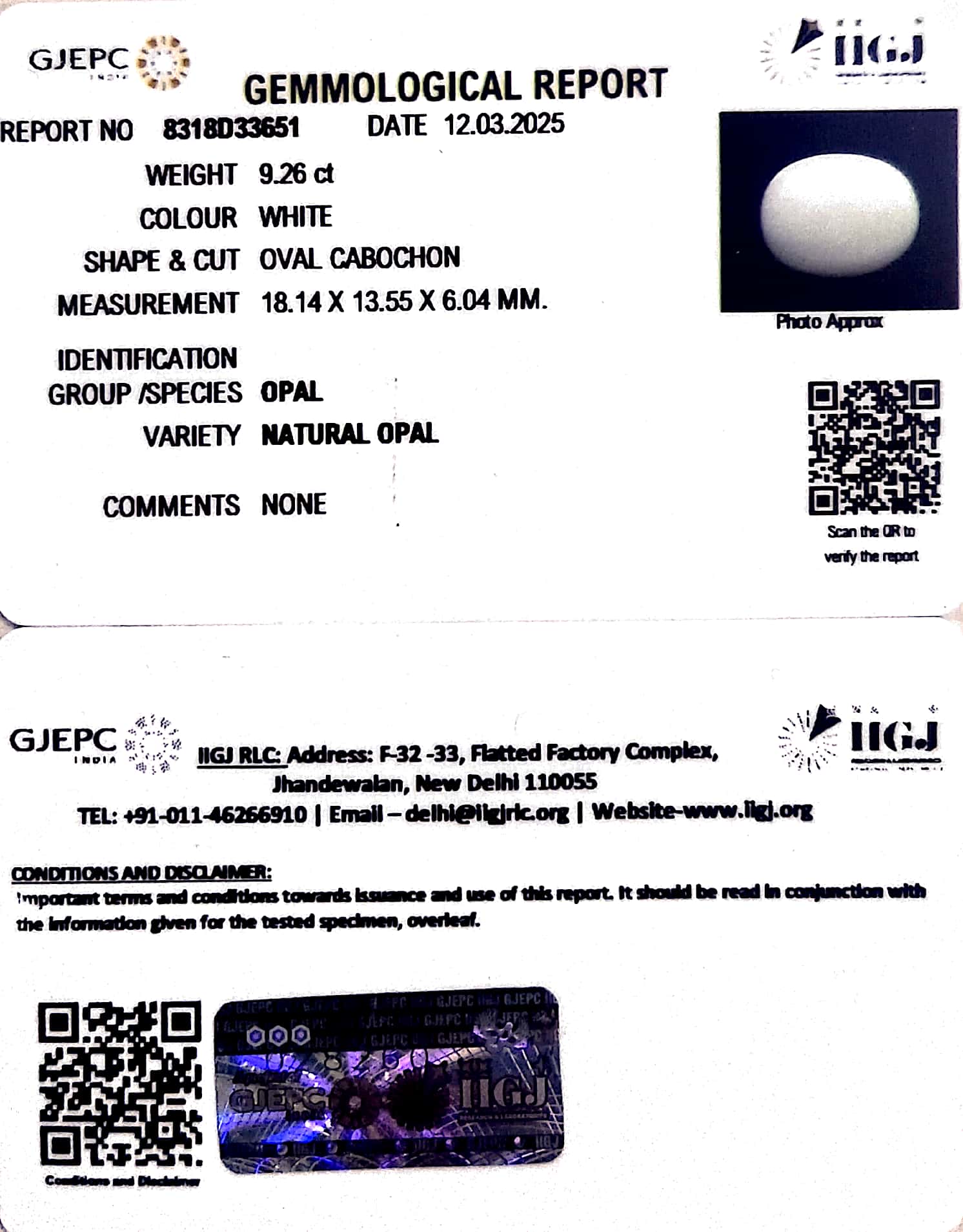 9.26/CT Natural Opal with Govt. Lab Certificate