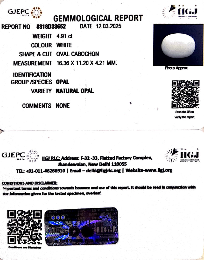 4.91/CT Natural Opal with Govt. Lab Certificate