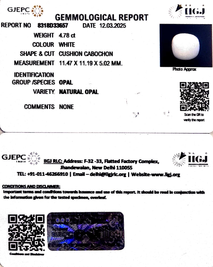 4.78/CT Natural Opal with Govt. Lab Certificate