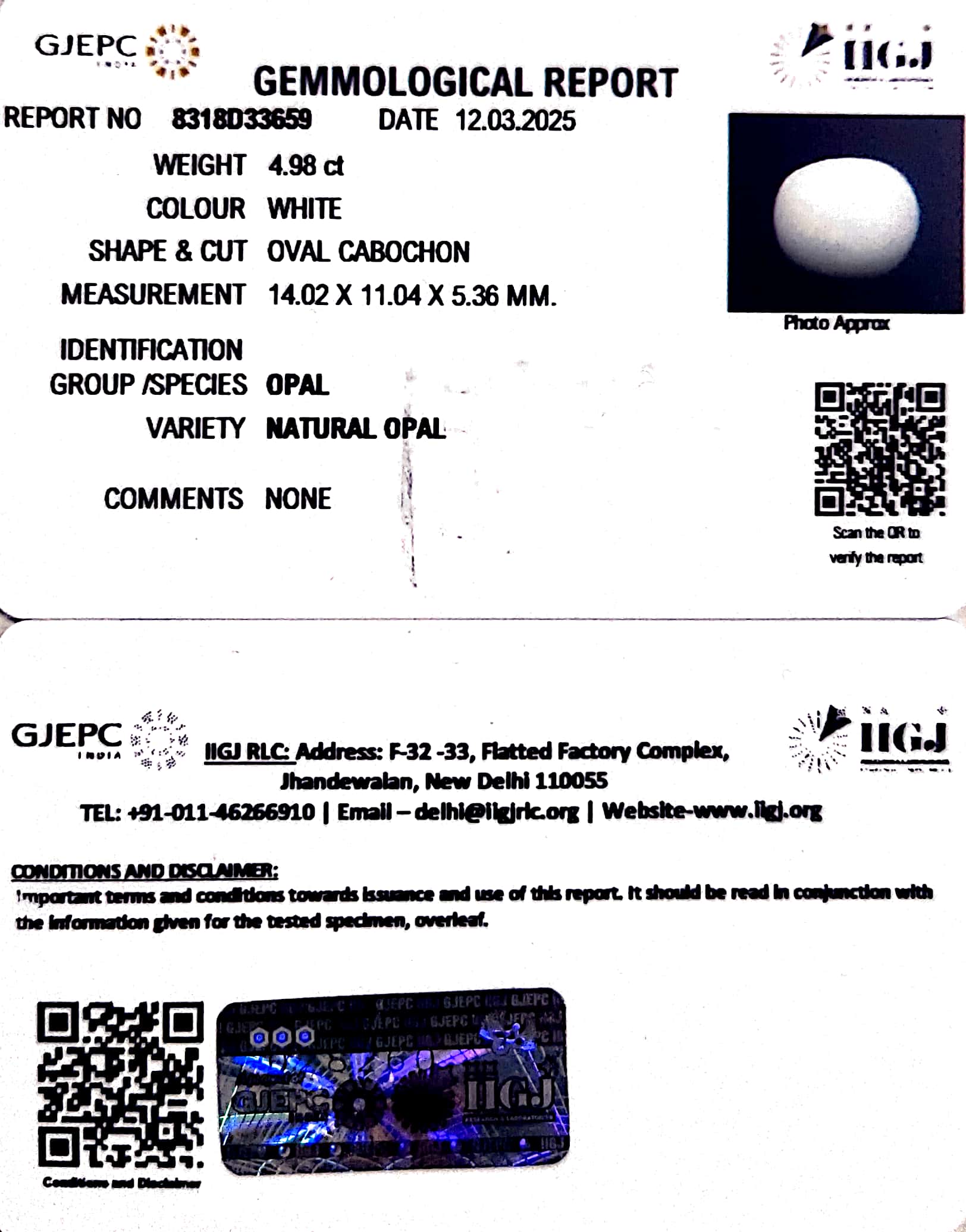 4.98/CT Natural Opal with Govt. Lab Certificate