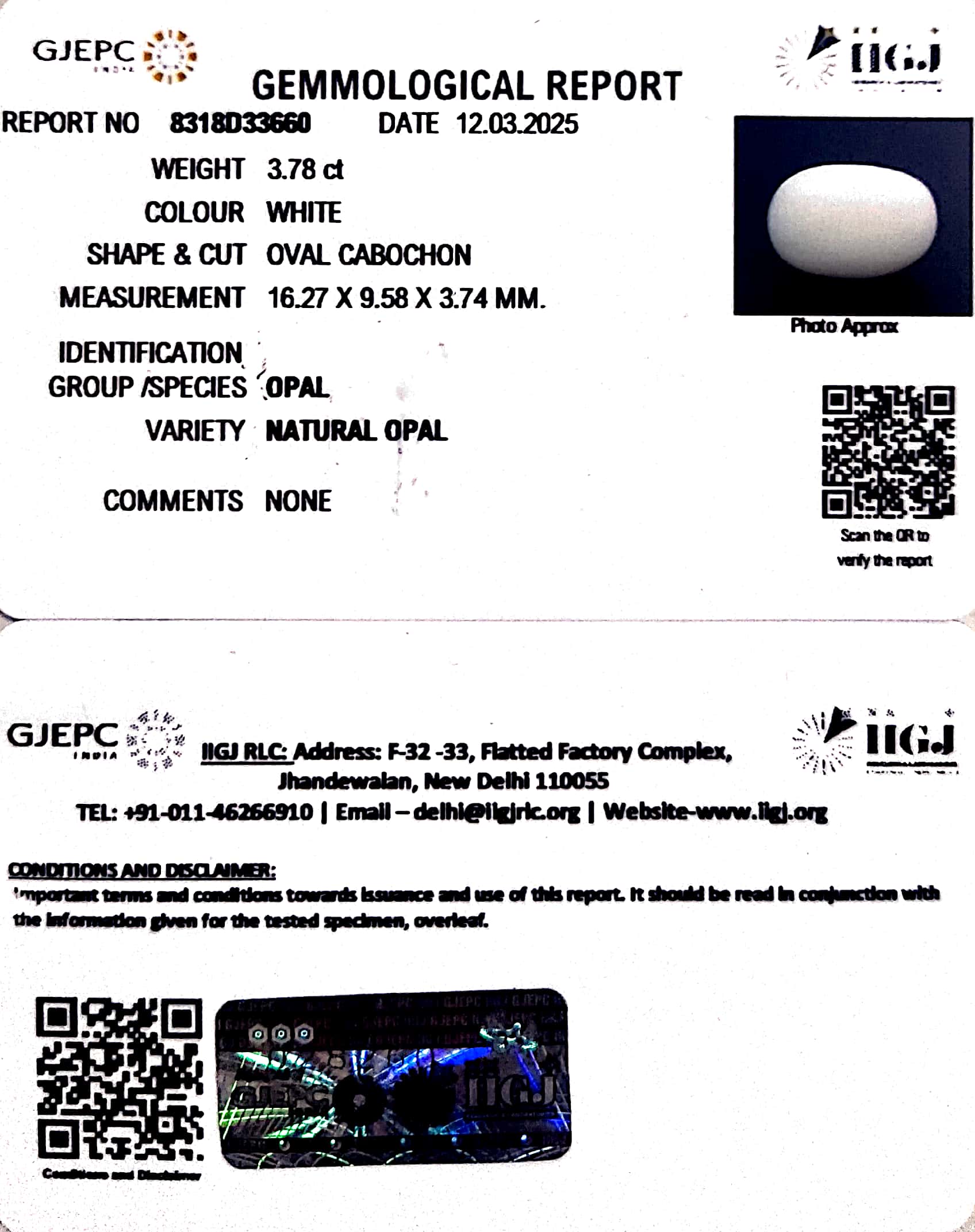 3.78/CT Natural Opal with Govt. Lab Certificate