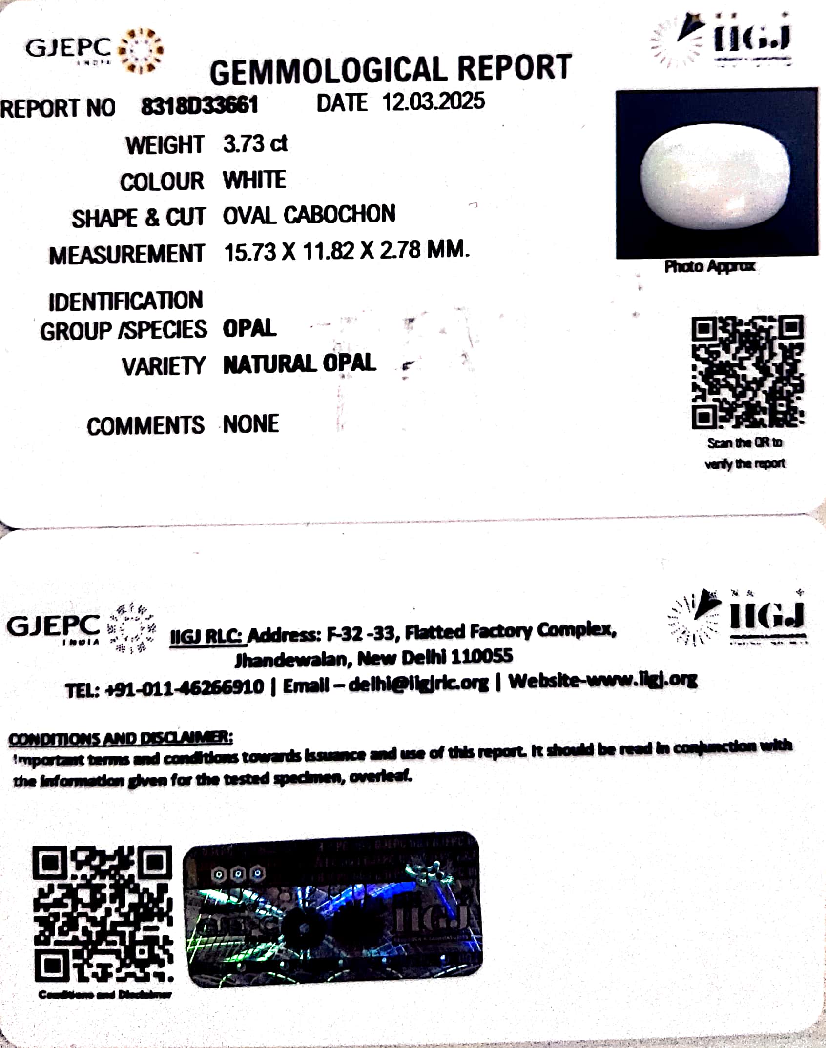 3.73/CT Natural Opal with Govt. Lab Certificate-8318D33661