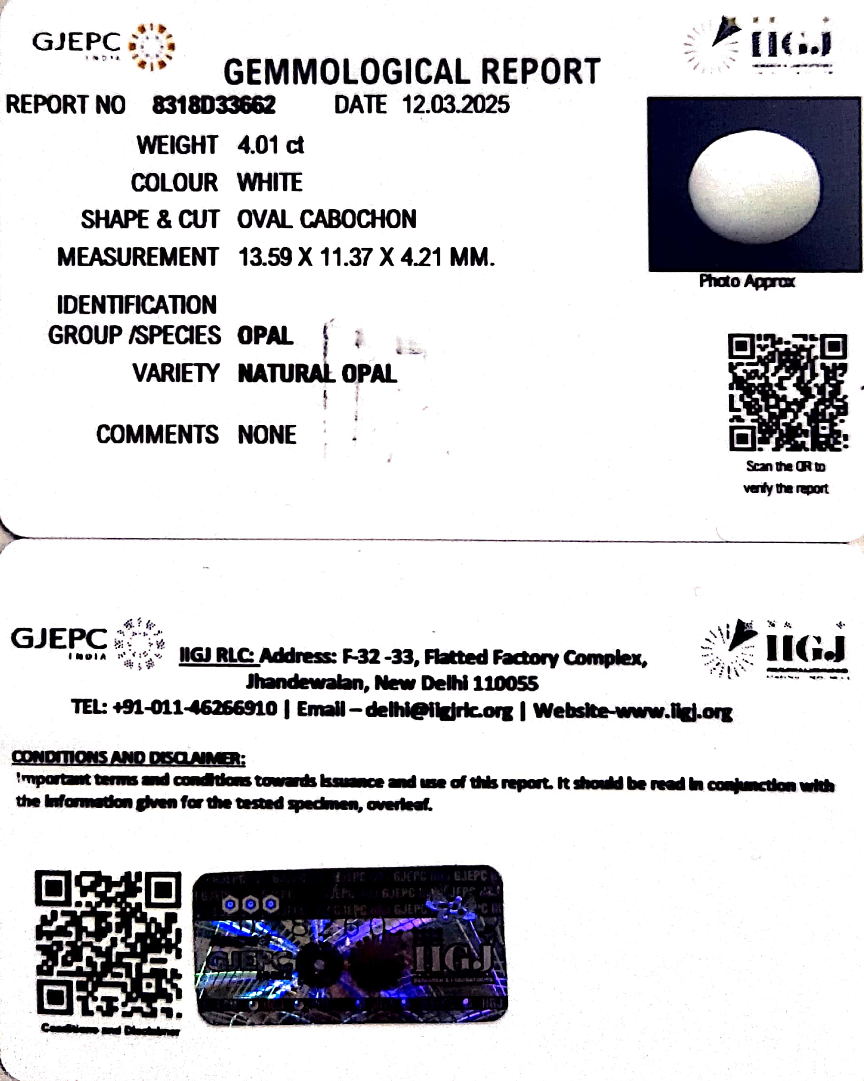4.01/CT Natural Opal with Govt. Lab Certificate