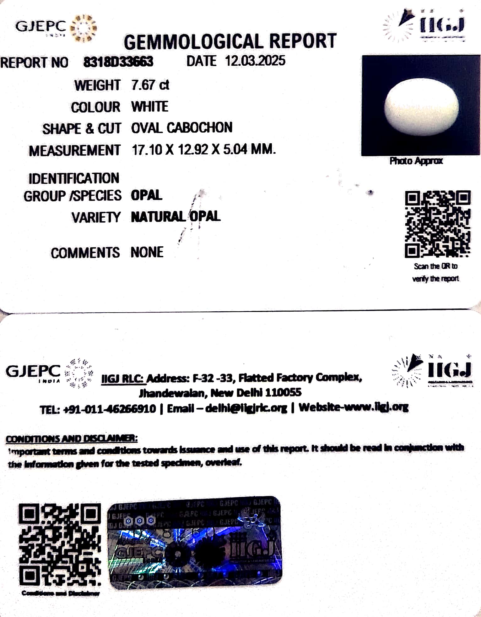 7.67/CT Natural Opal with Govt. Lab Certificate